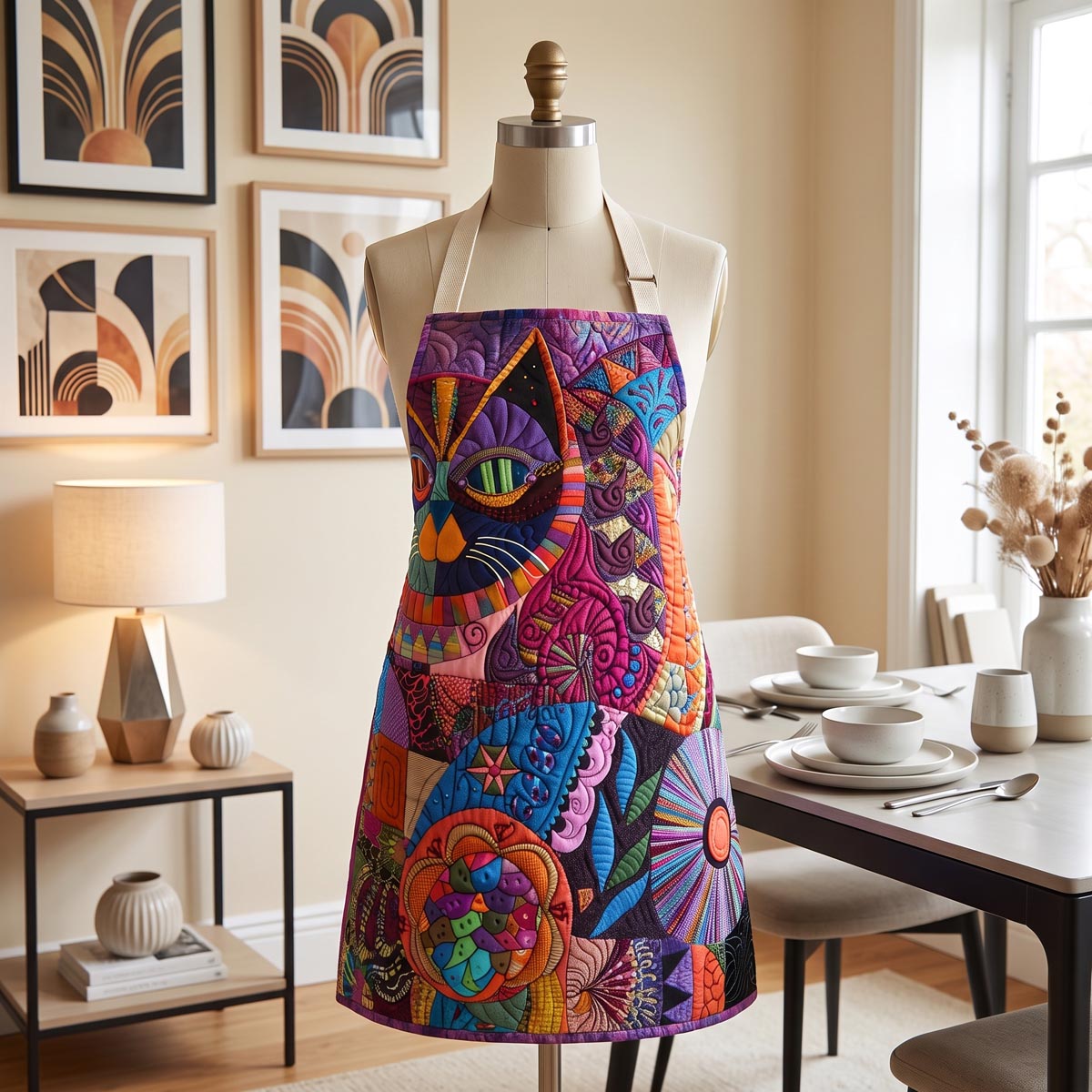 Bohemian Cats Quilted Kitchen Apron