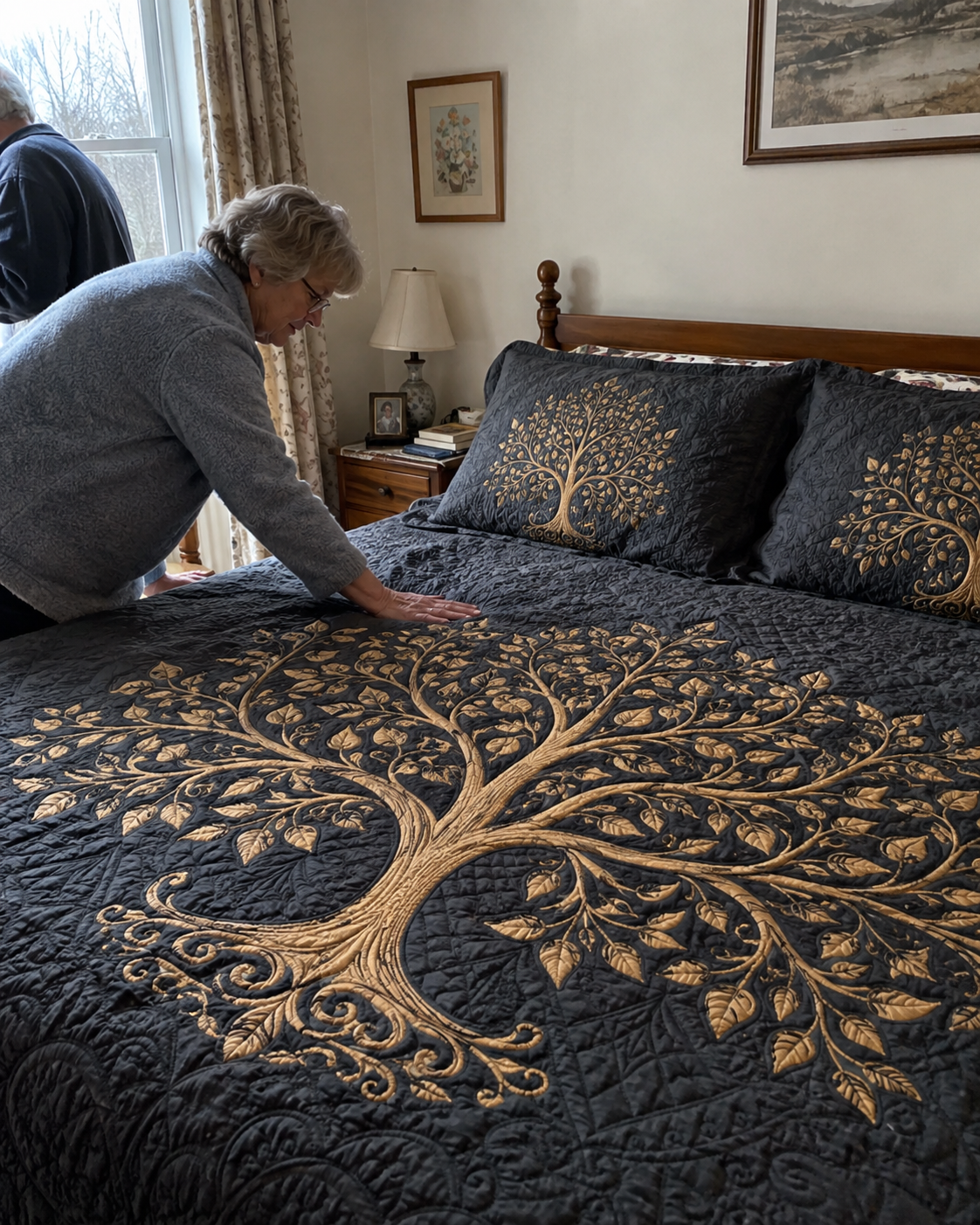 Customer making a bed with a quilt