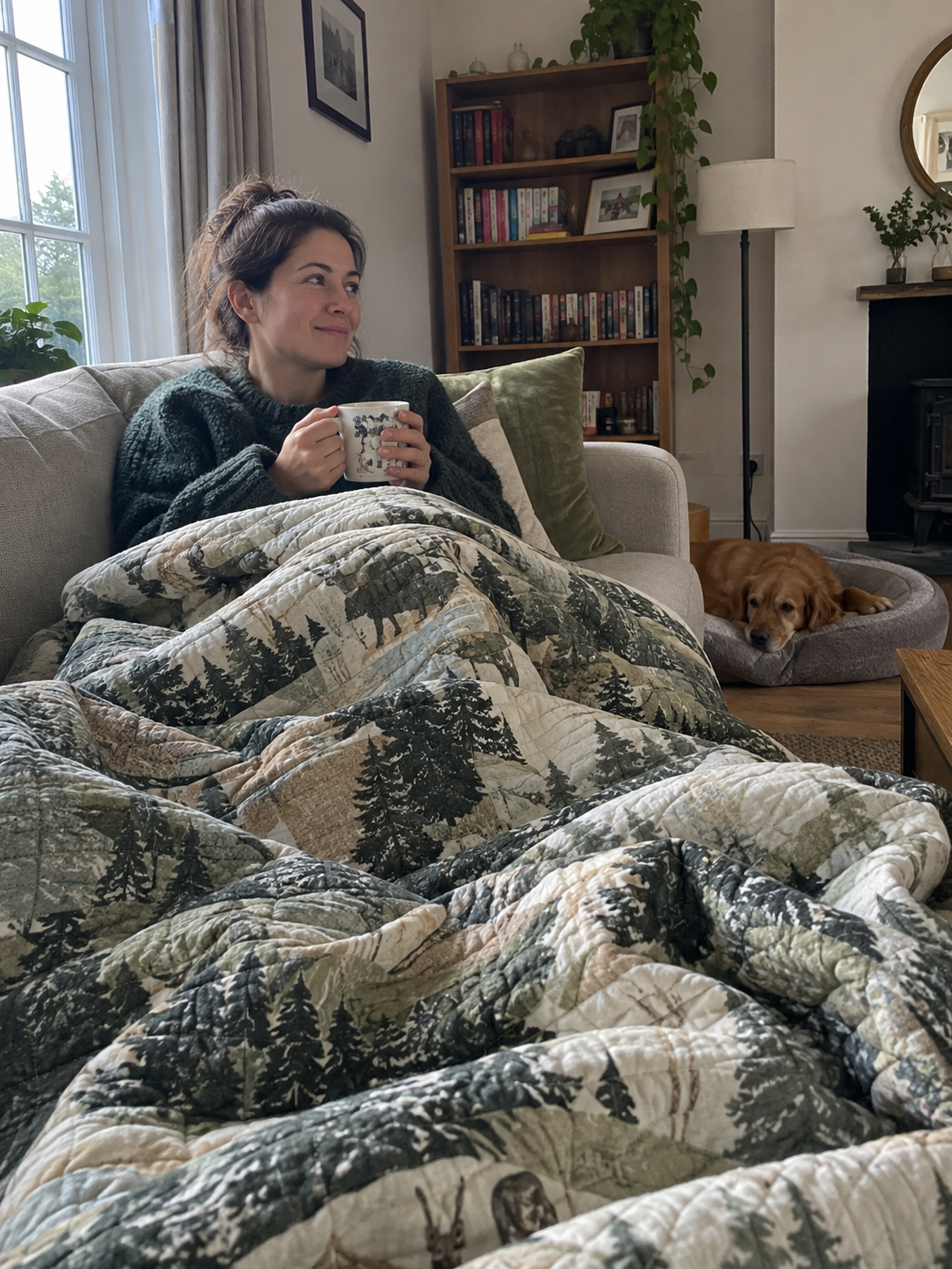 Customer relaxing with a forest quilt