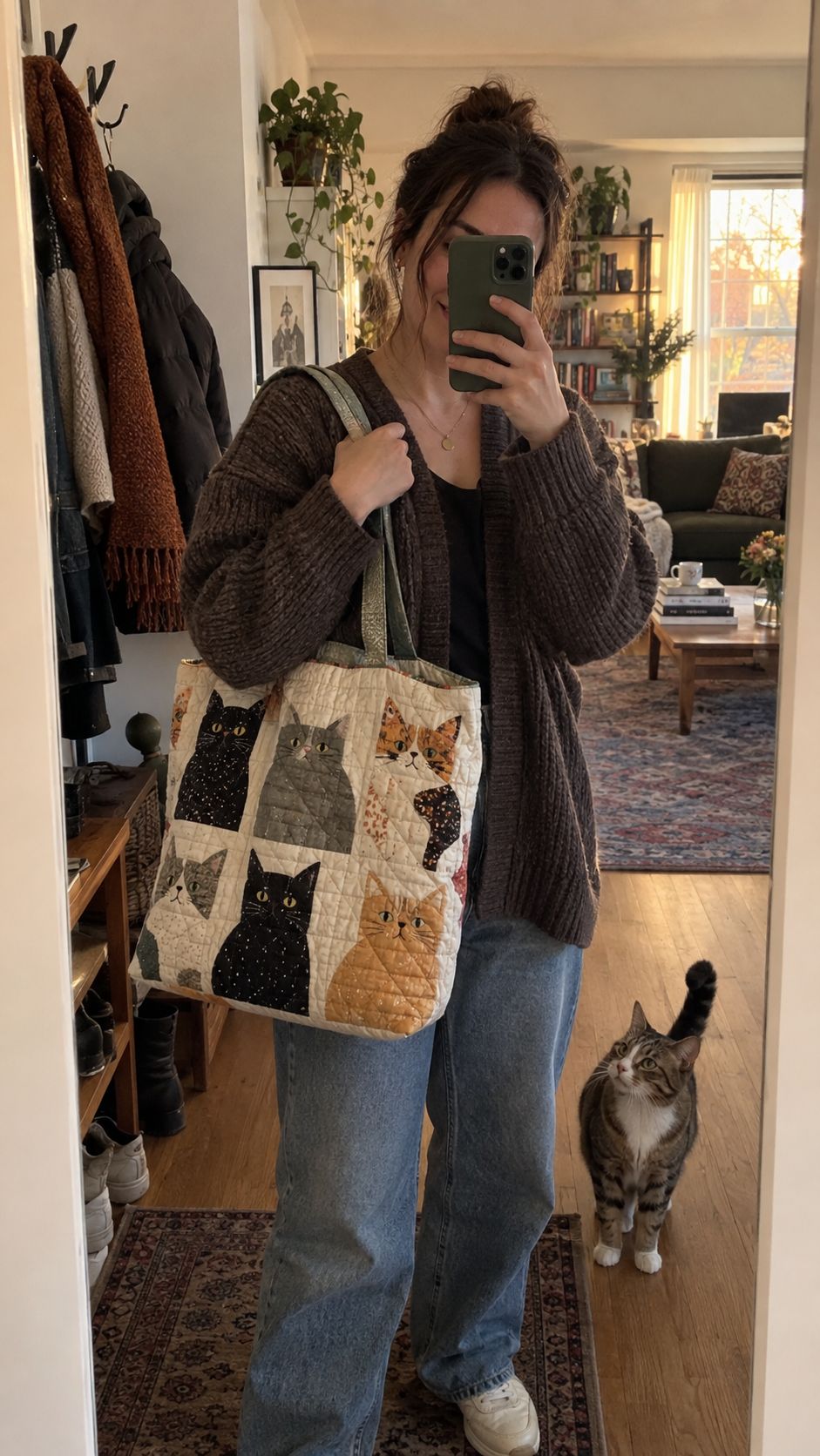 Customer carrying a quilted cat tote