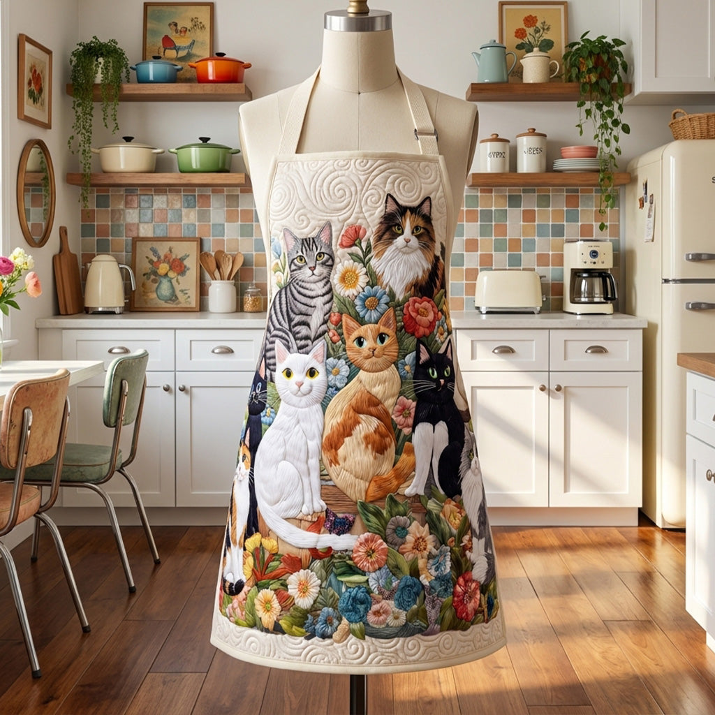 Quilted Kitchen Apron - 'Garden Cats' Design