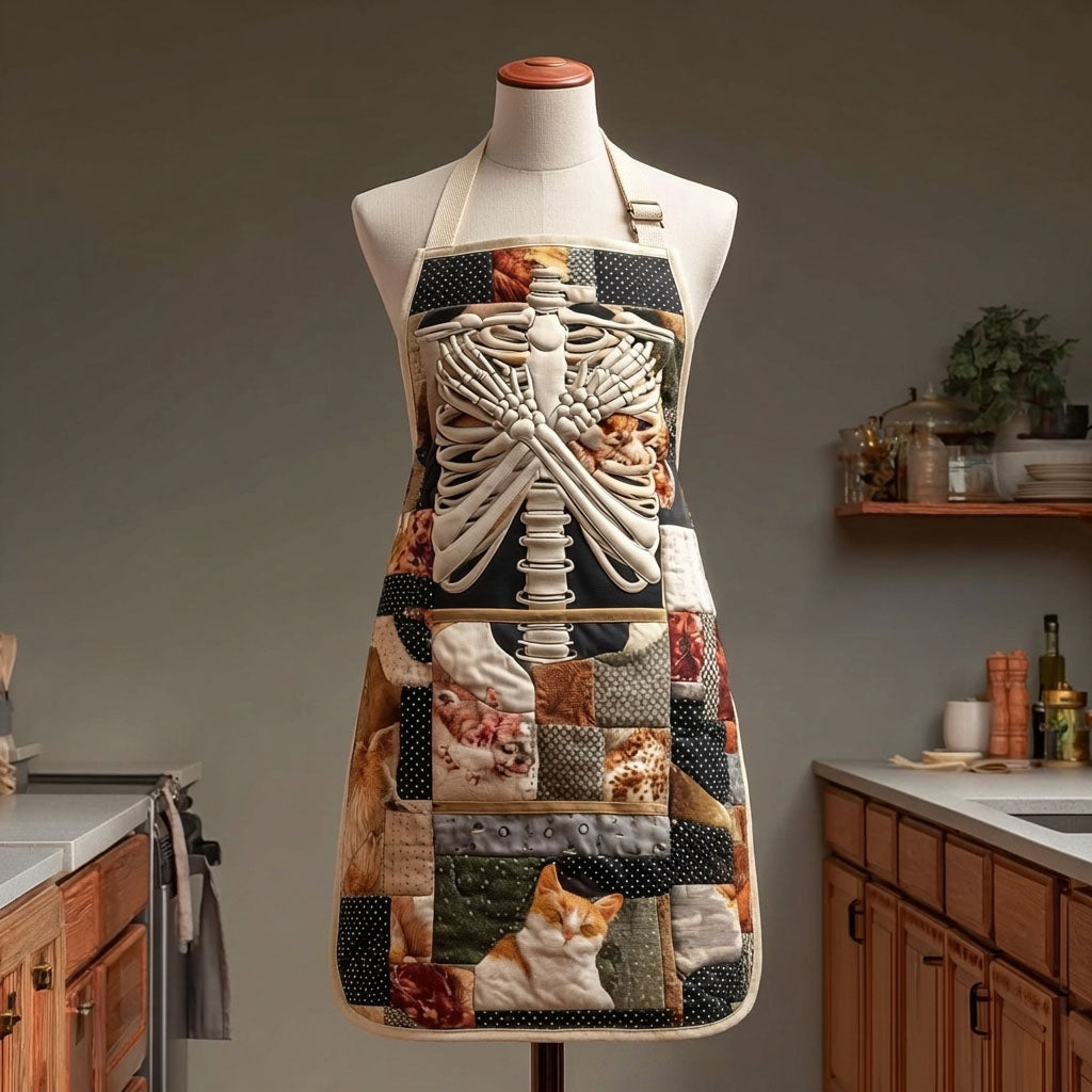 Quilted Kitchen Apron featuring Bones and Pumpkins Design