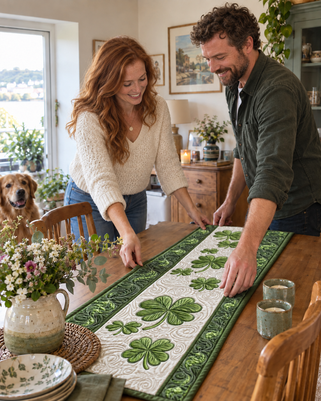 A couple styling a shamrock quilted table runner