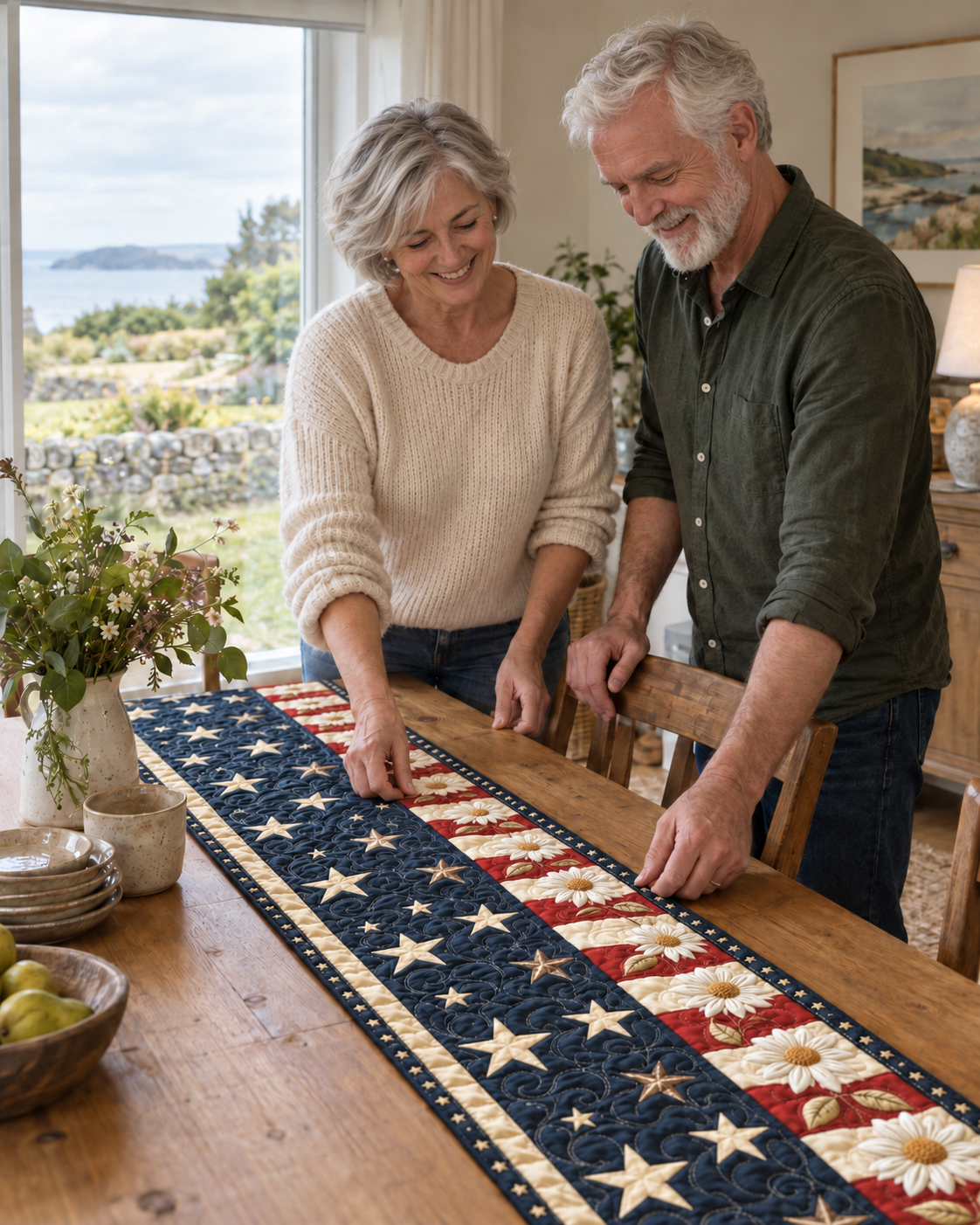 A couple styling a star-pattern quilted table runner
