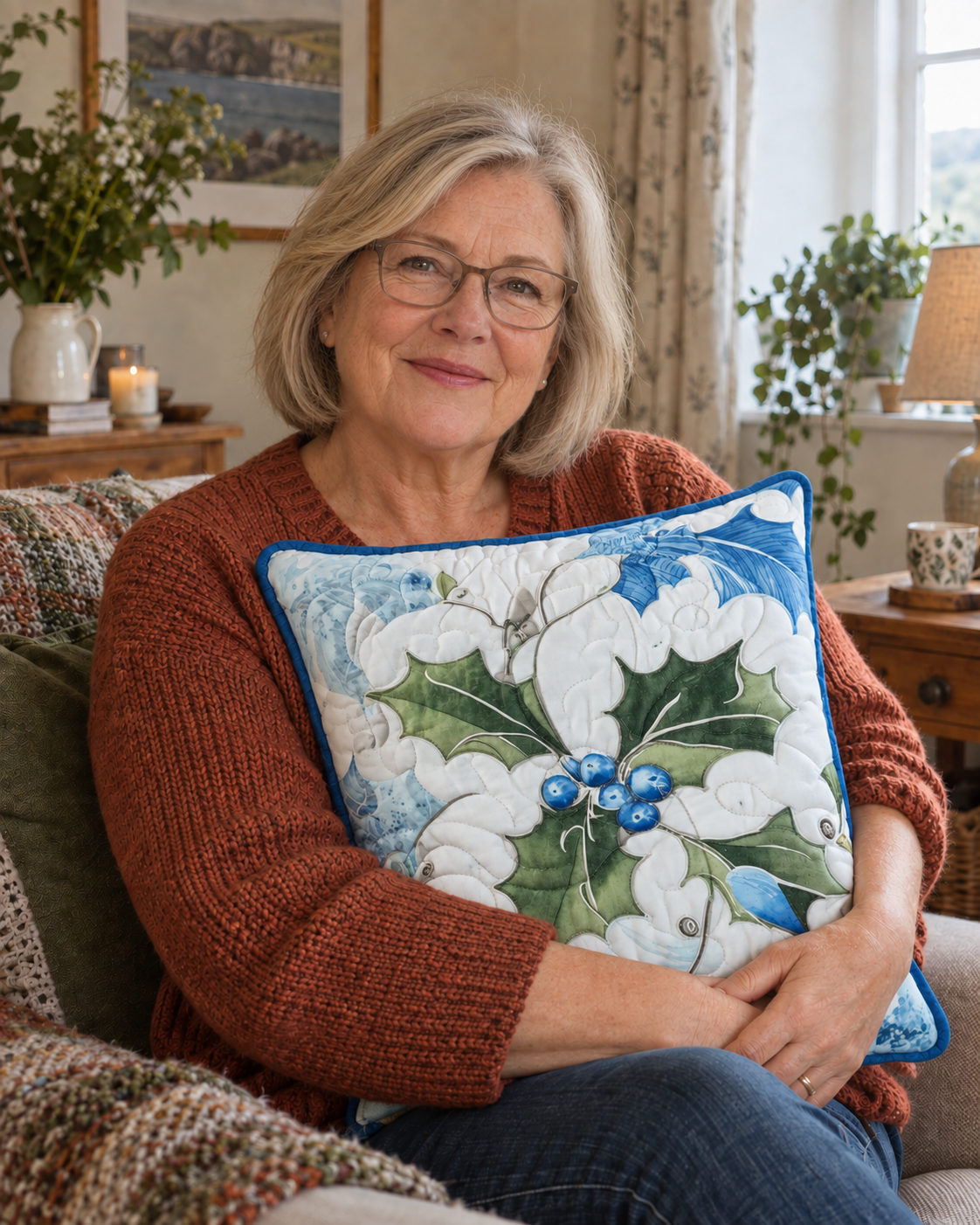 Customer relaxing with a holly quilted cushion
