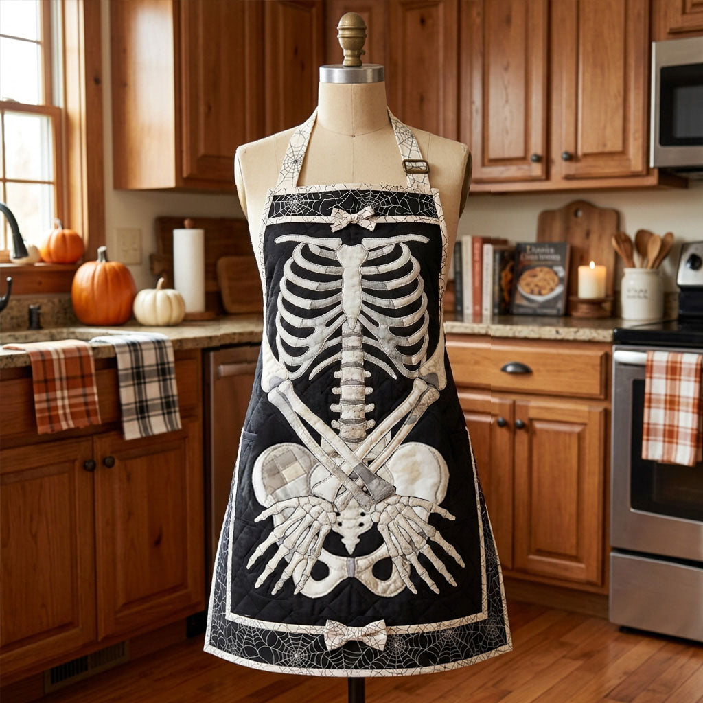 Quilted Kitchen Apron - Skeleton with Floral Bouquet Design