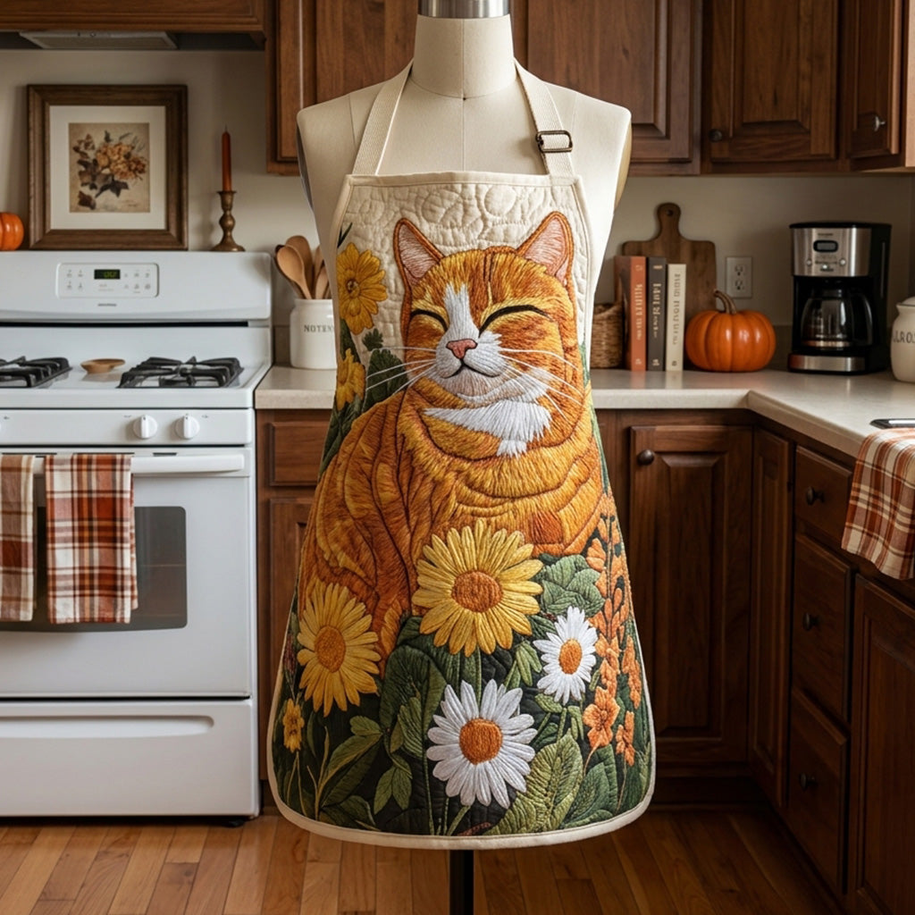 Quilted Kitchen Apron Featuring Sunflowers and Cats