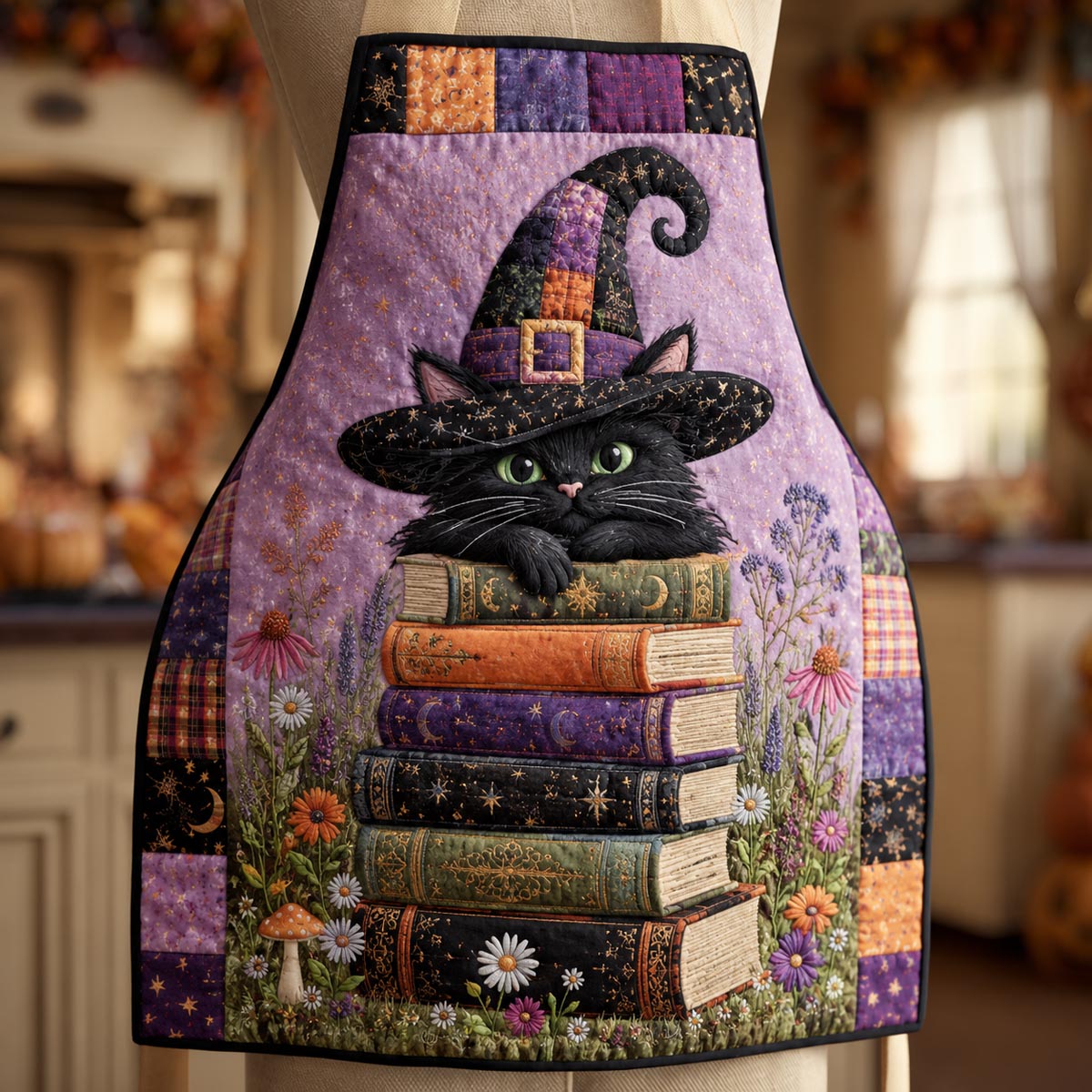 Quilted Kitchen Apron: Enchanted Witch's Library Design