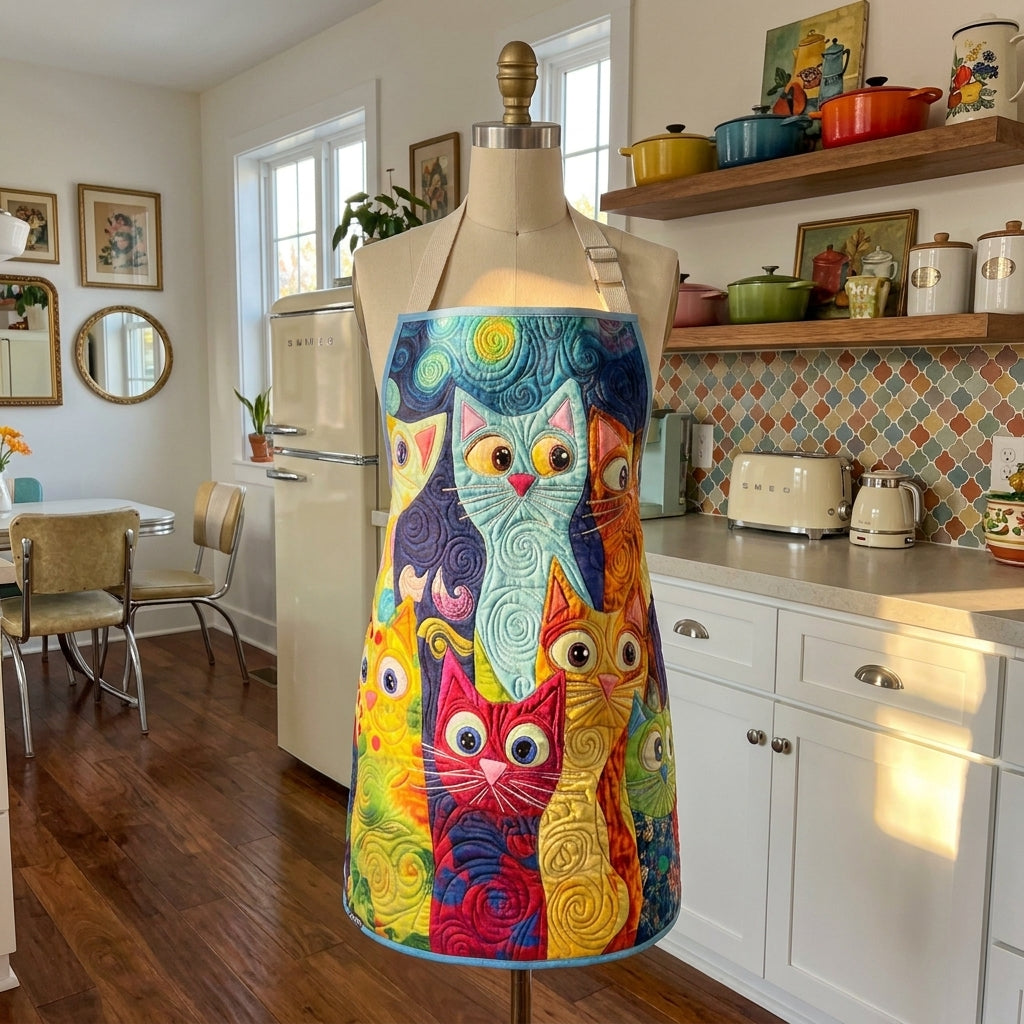 Quilted Kitchen Apron - 'Cat by the Fireplace' Design