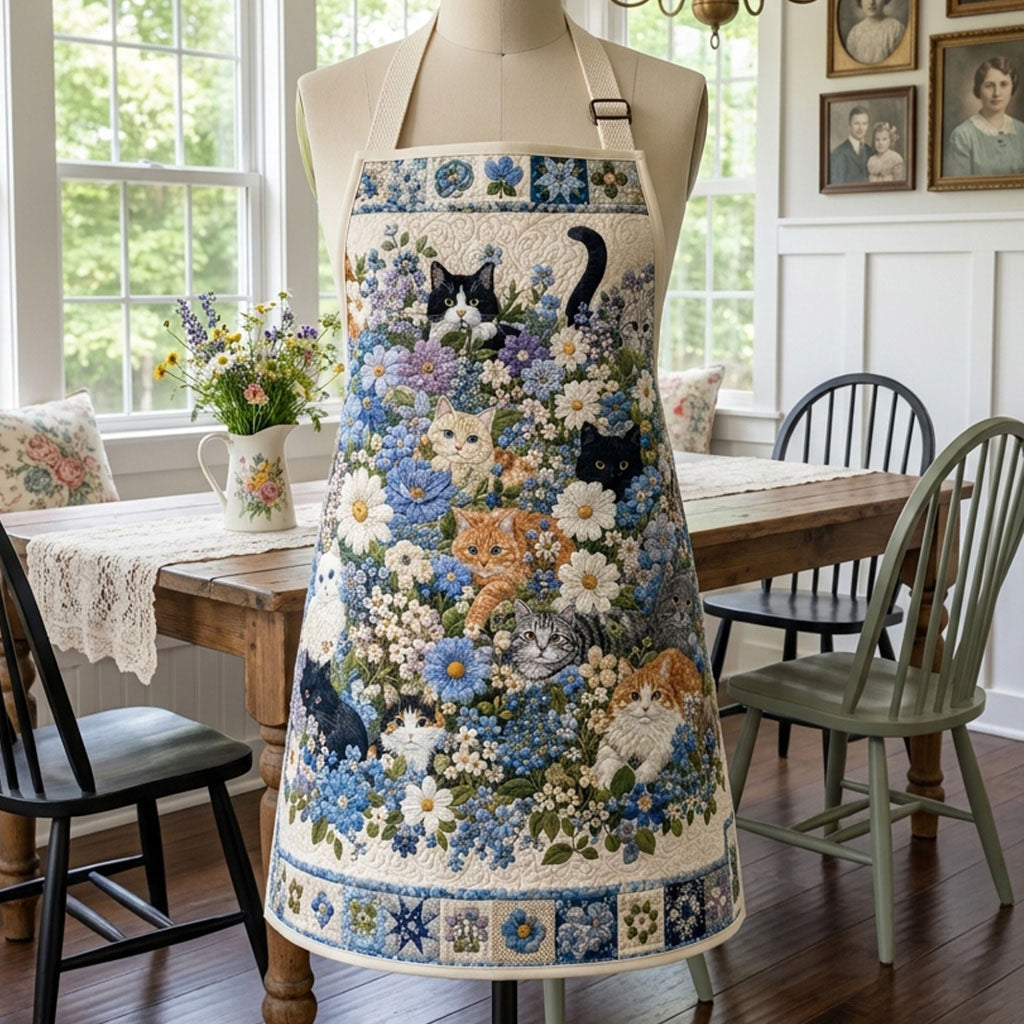 Quilted Apron with Cat and Floral Design