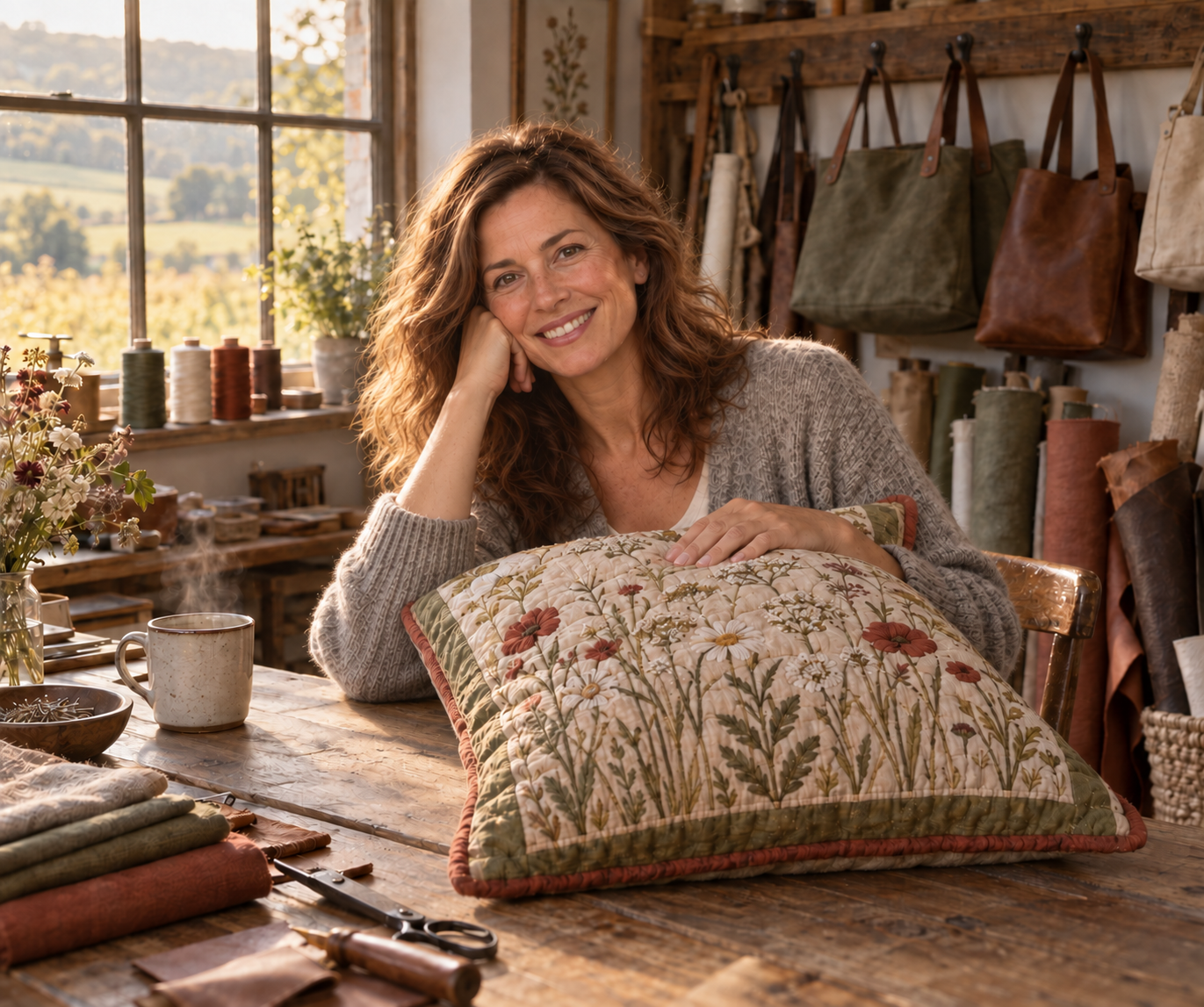 A maker with a handmade quilted cushion