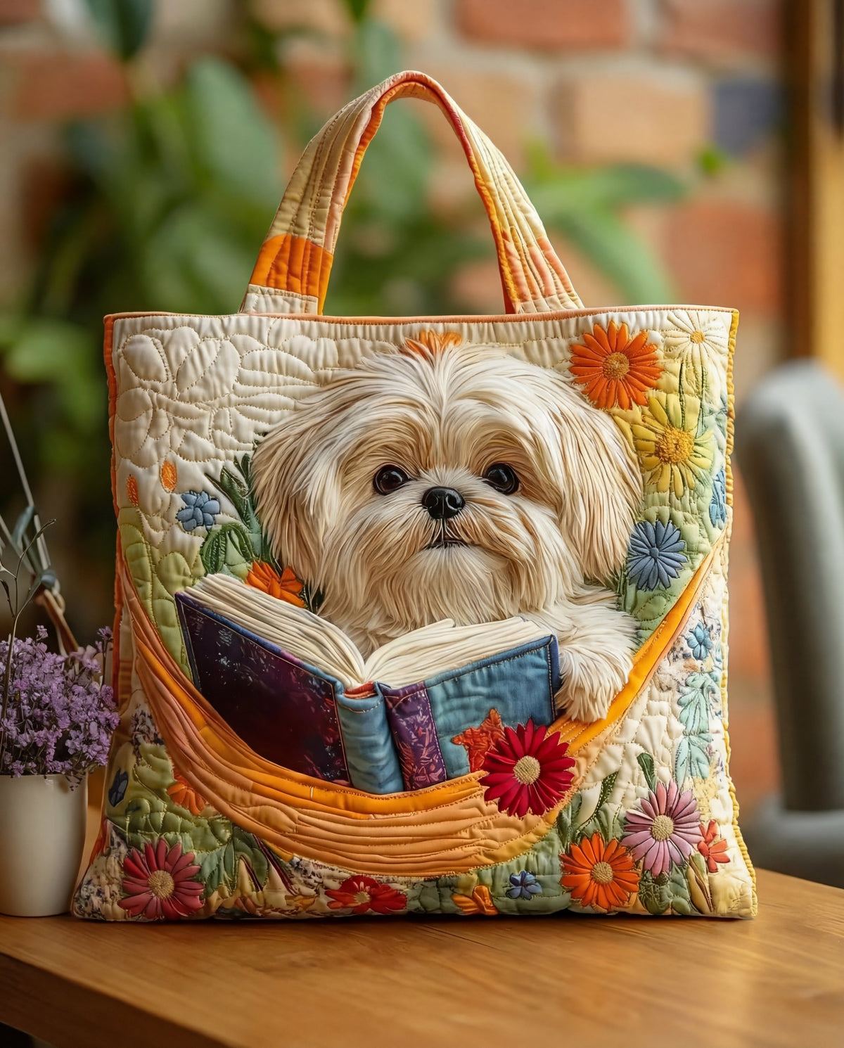 Handcrafted Bag “Shih Tzu with Book and Flowers”