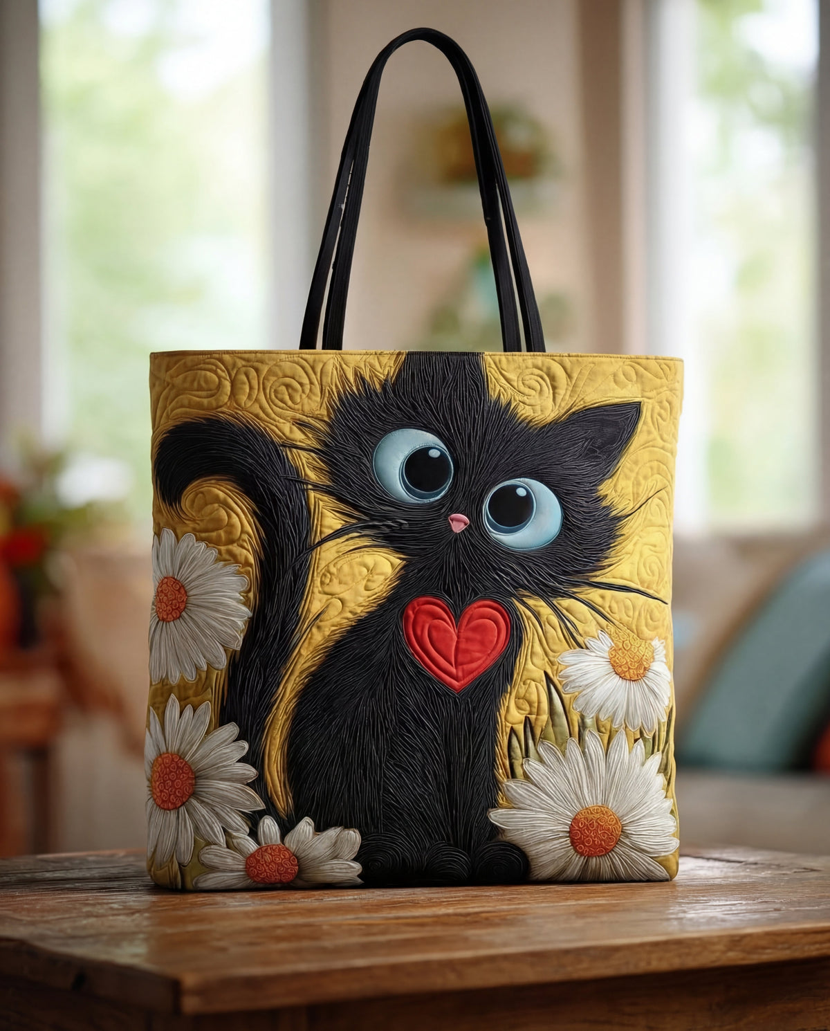 Handmade Bag “Black Cat with Heart and Daisies”