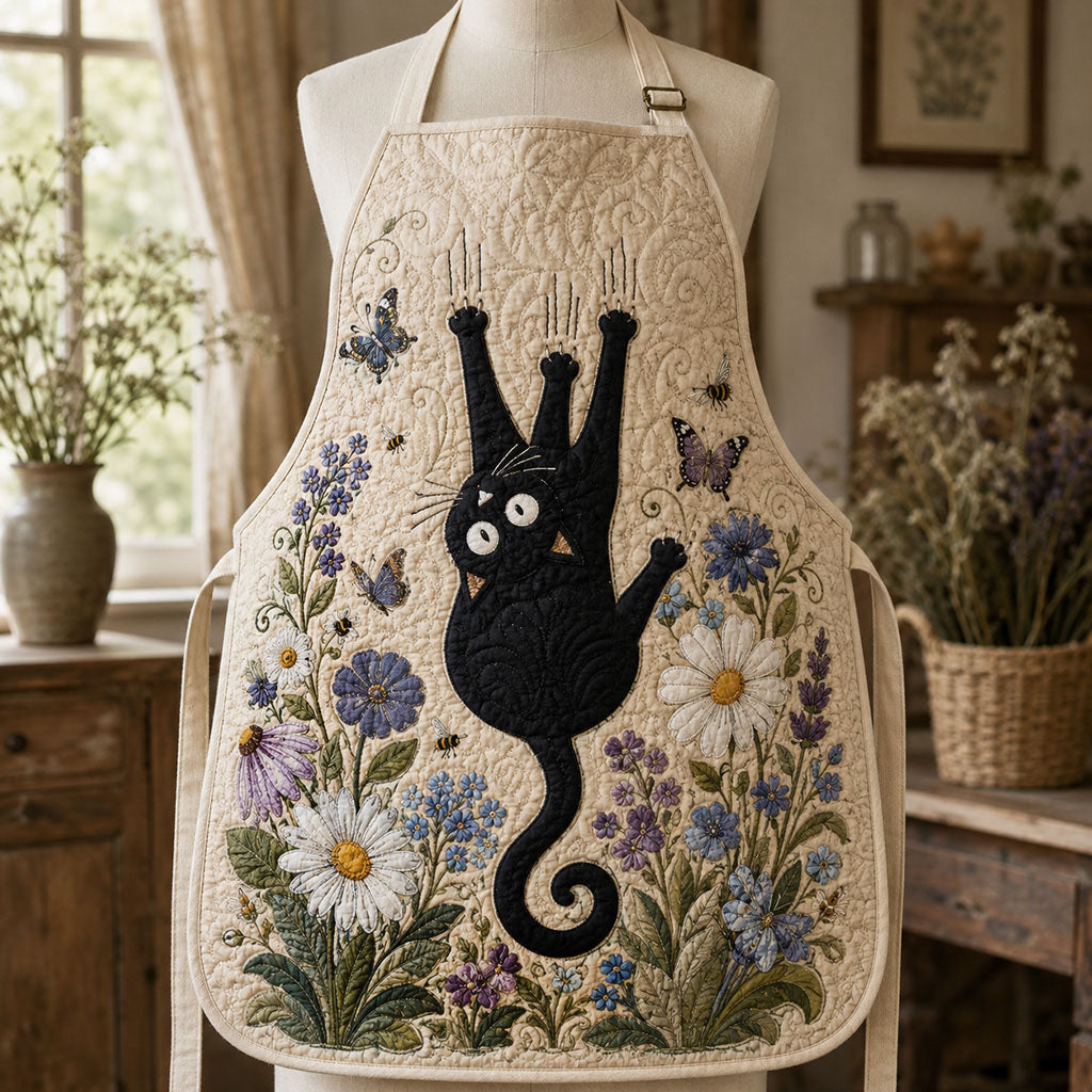 Quilted Kitchen Apron: 'Black Cat in the Cottage'