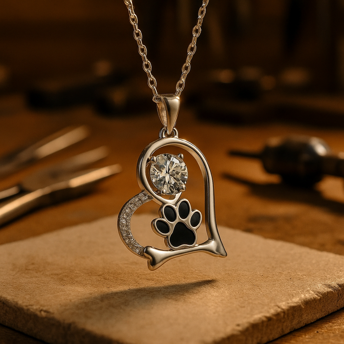 Sentiment Paw Print Pendant with Zirconia - For Dog Lovers