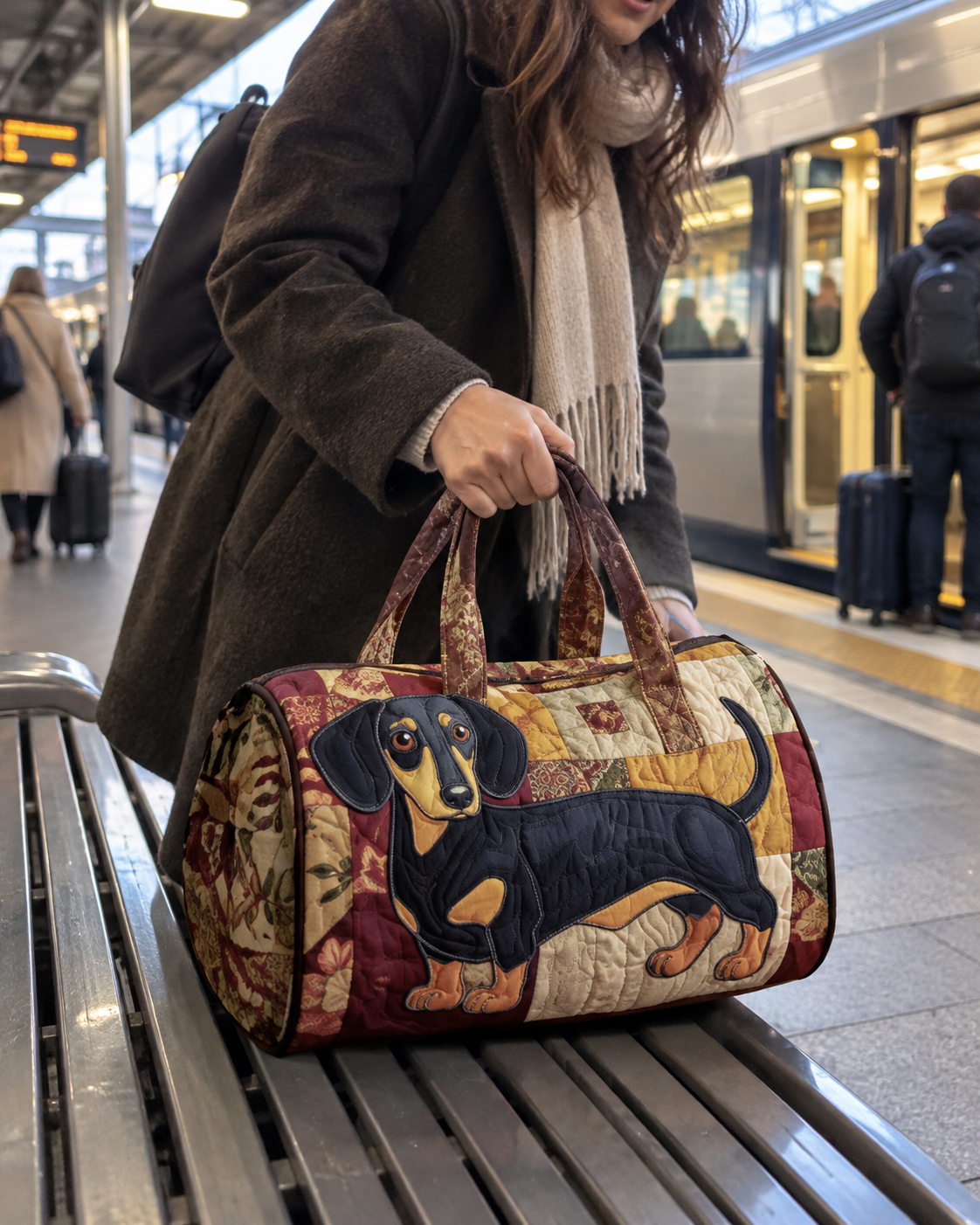Customer travelling with a handmade travel bag