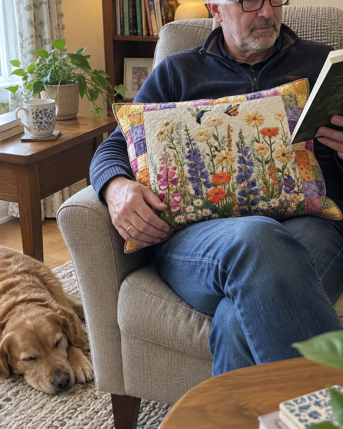 Customer relaxing with a botanical cushion