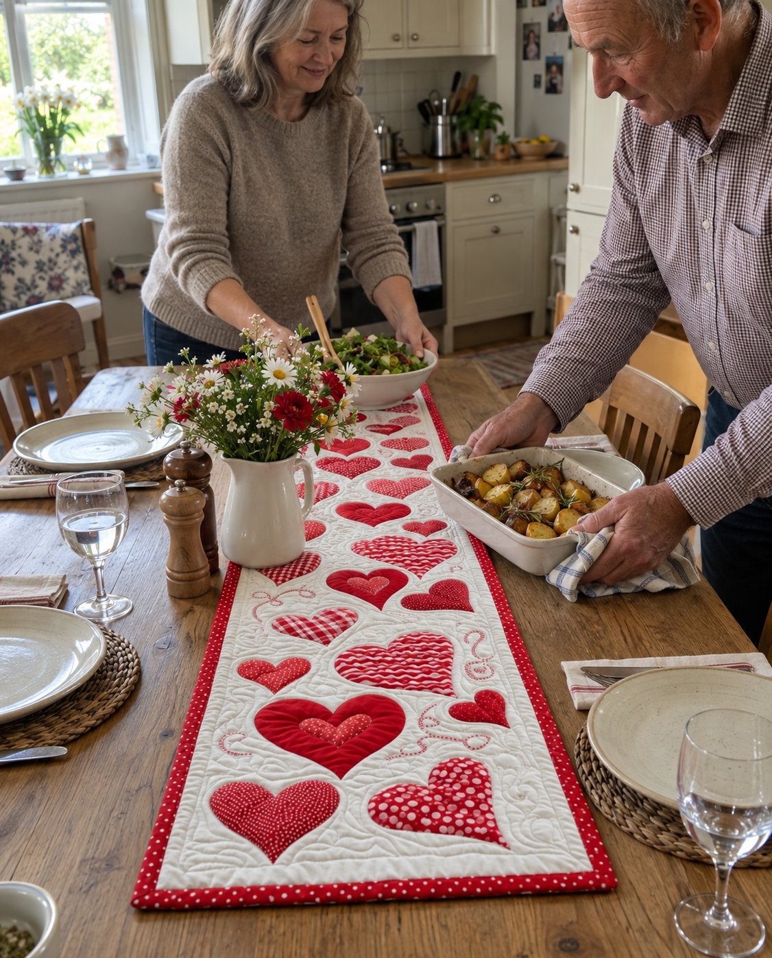 Customer using a quilted hearts runner
