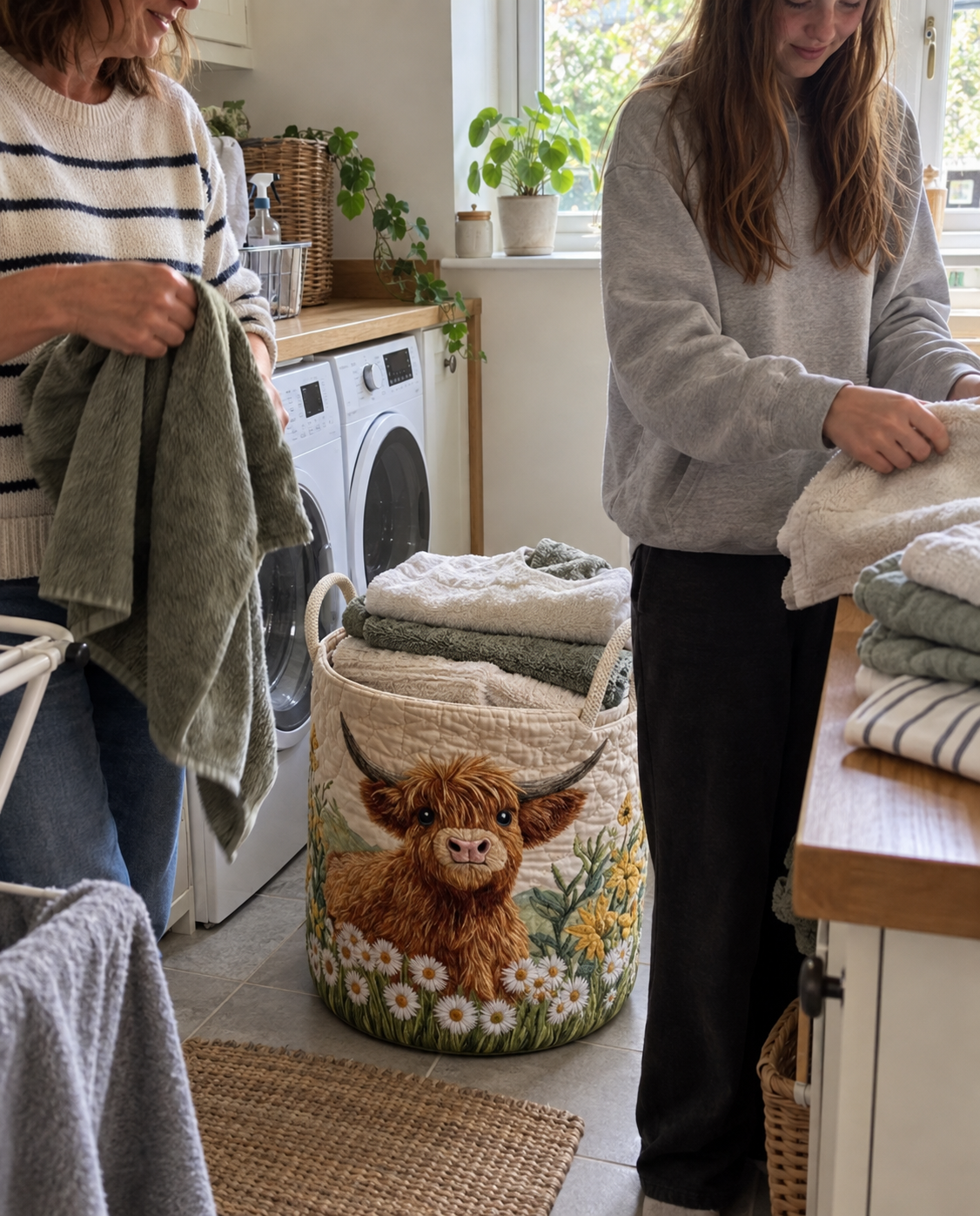 Family using a quilted laundry basket