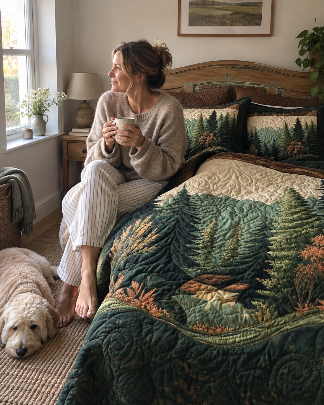 Customer enjoying forest-pattern bedding