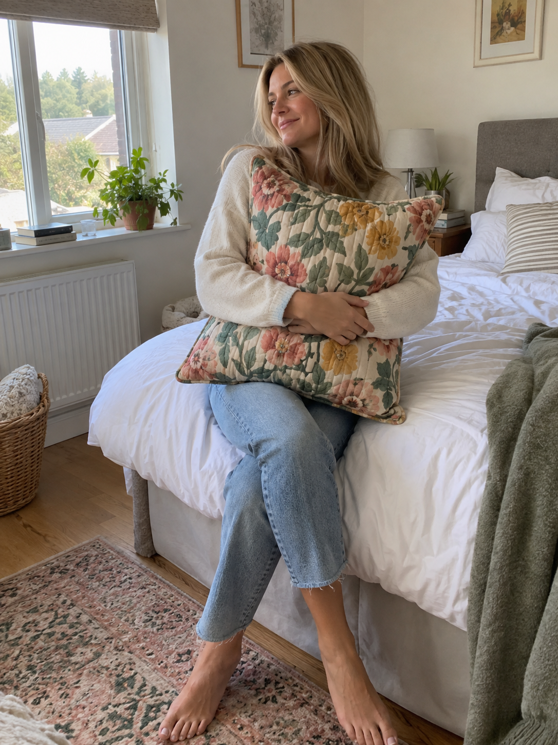 Customer relaxing with a botanical cushion