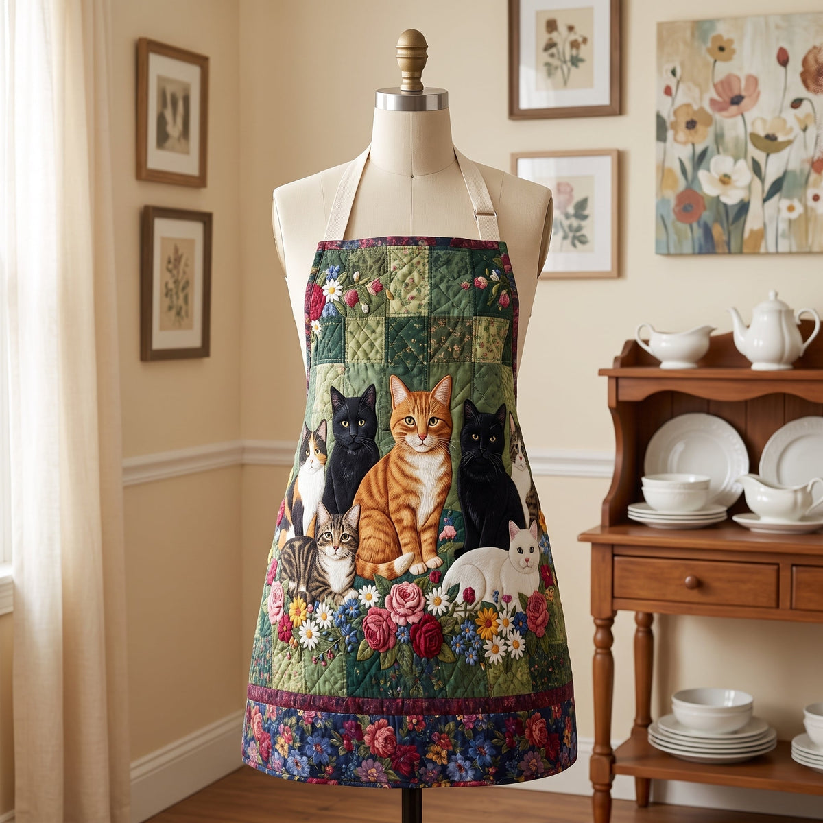 Quilted Apron Featuring 'Cats in the Garden' Design