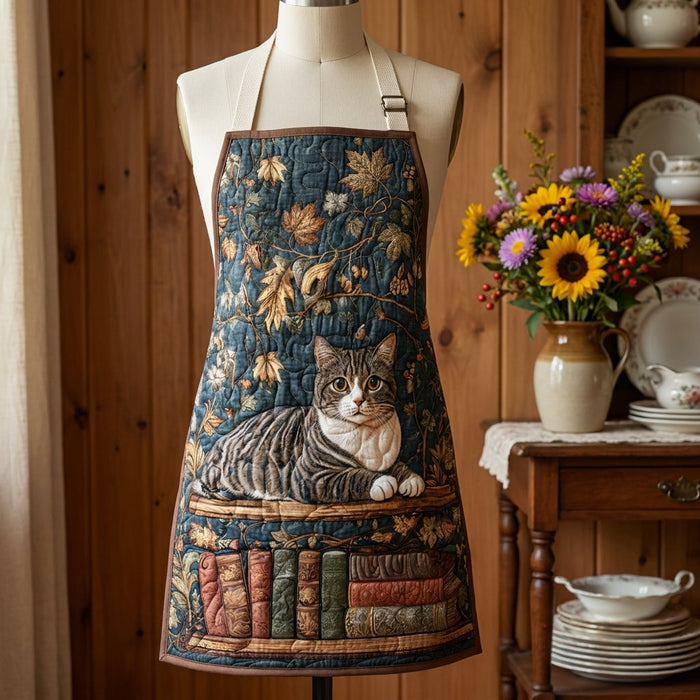 Quilted Kitchen Apron: 'Cat by the Fire' Design