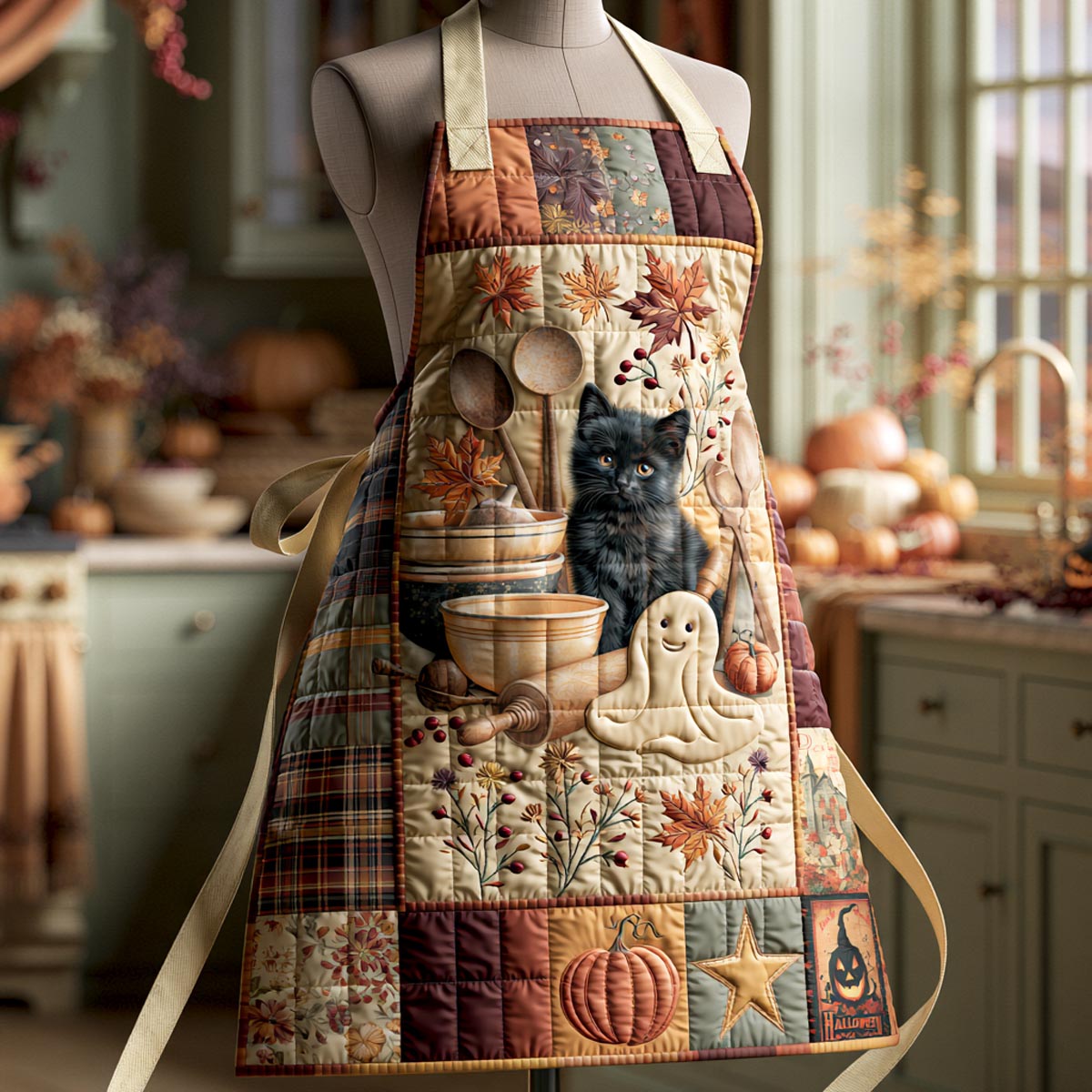 Quilted Kitchen Apron Featuring 'Witch and Books' Design