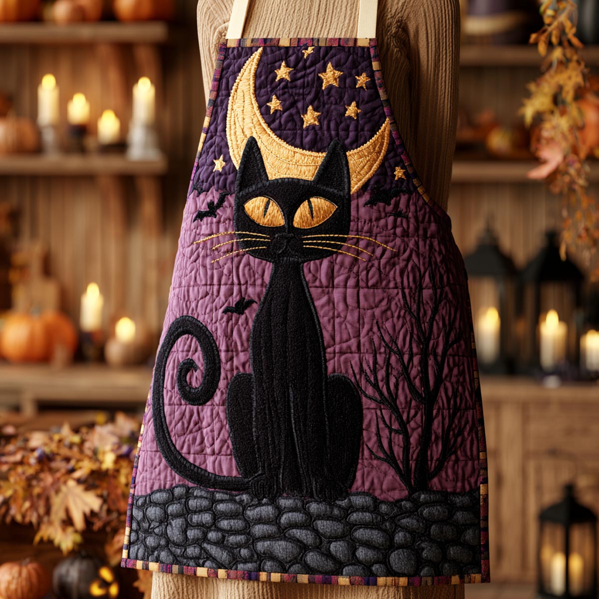 Moonlit Cat Quilted Kitchen Apron