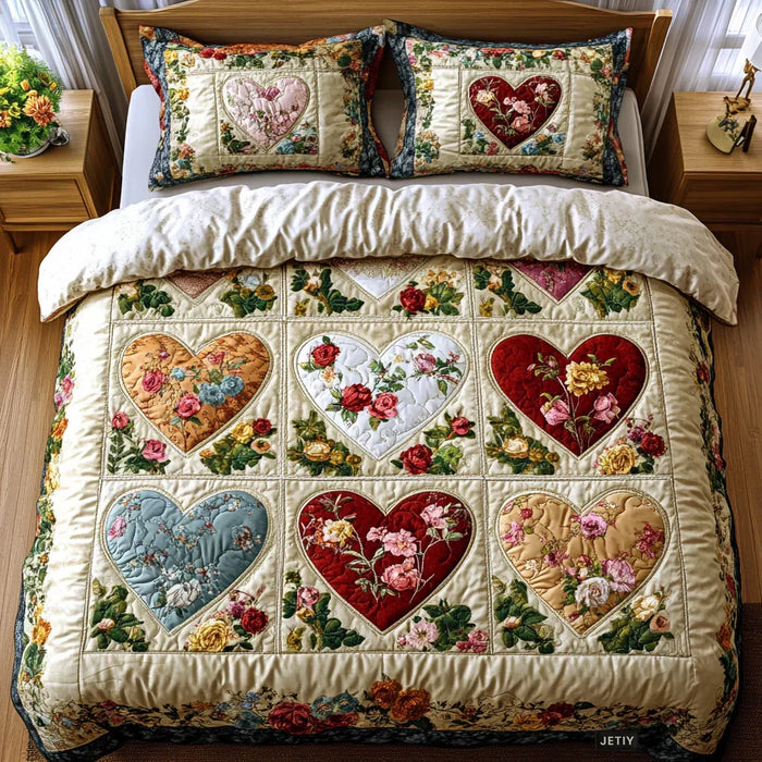 3-Piece Quilted Bed Set - Lovers' Hearts