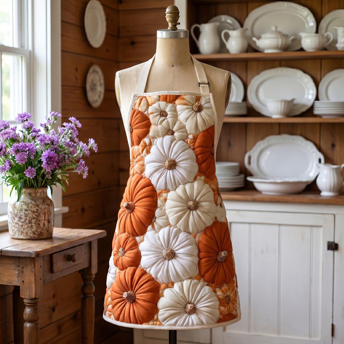 Embroidered Leaves Quilted Kitchen Apron