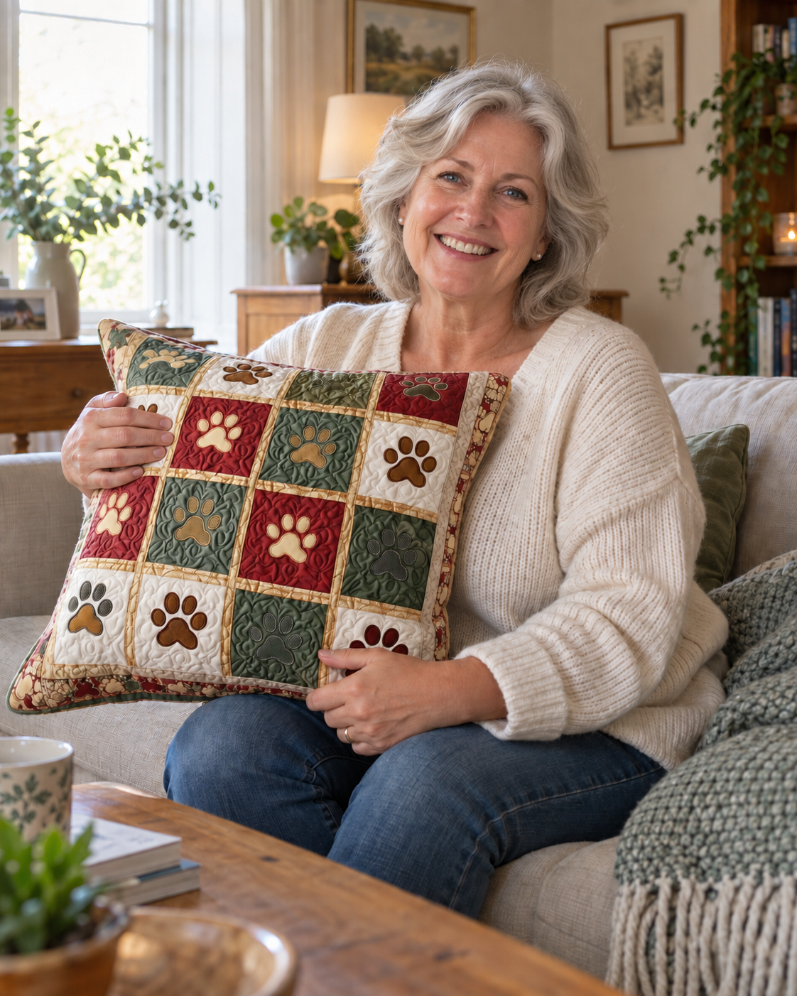 Customer relaxing with a paw-print patchwork cushion