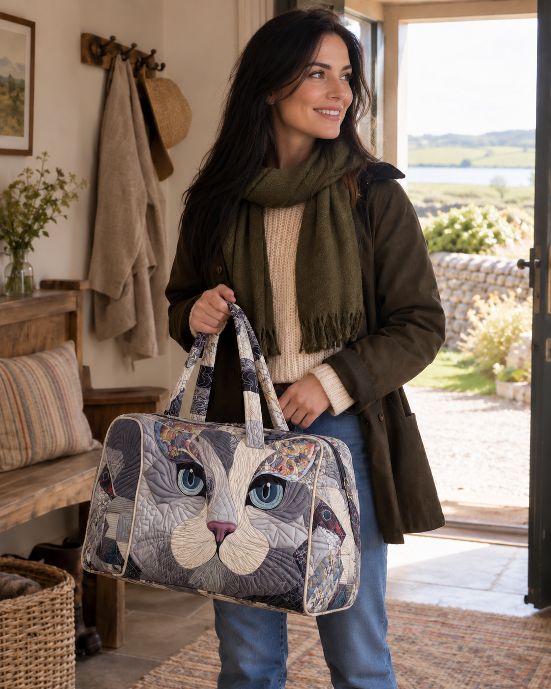 Customer carrying a quilted cat bag