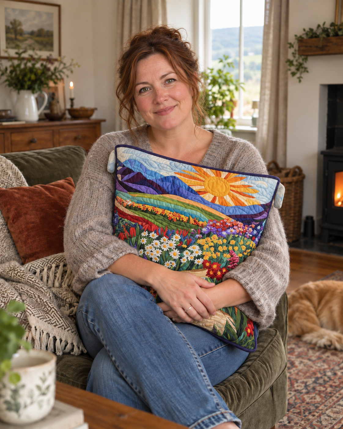 Customer relaxing with a landscape quilted cushion