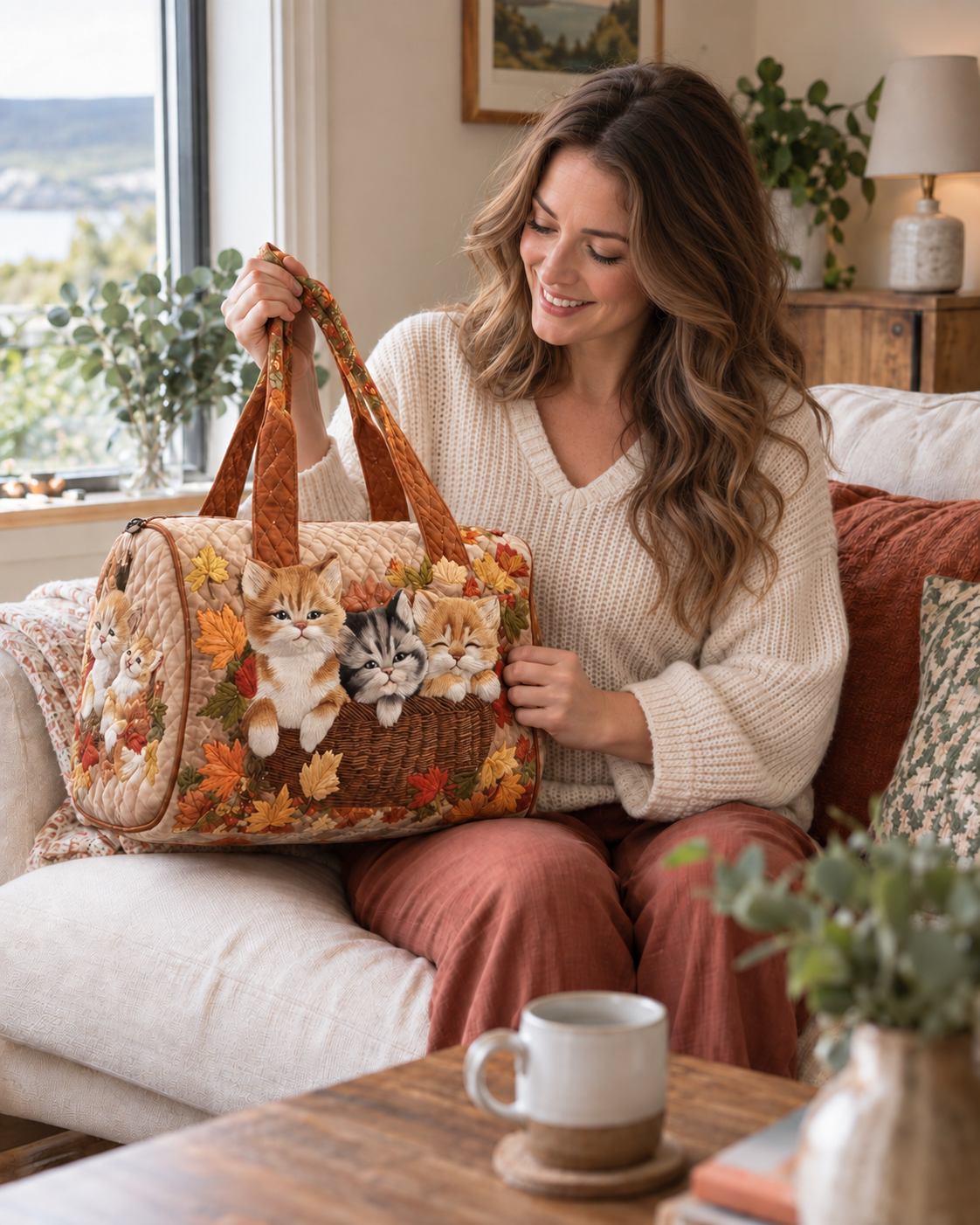 Customer holding a quilted cat patchwork tote