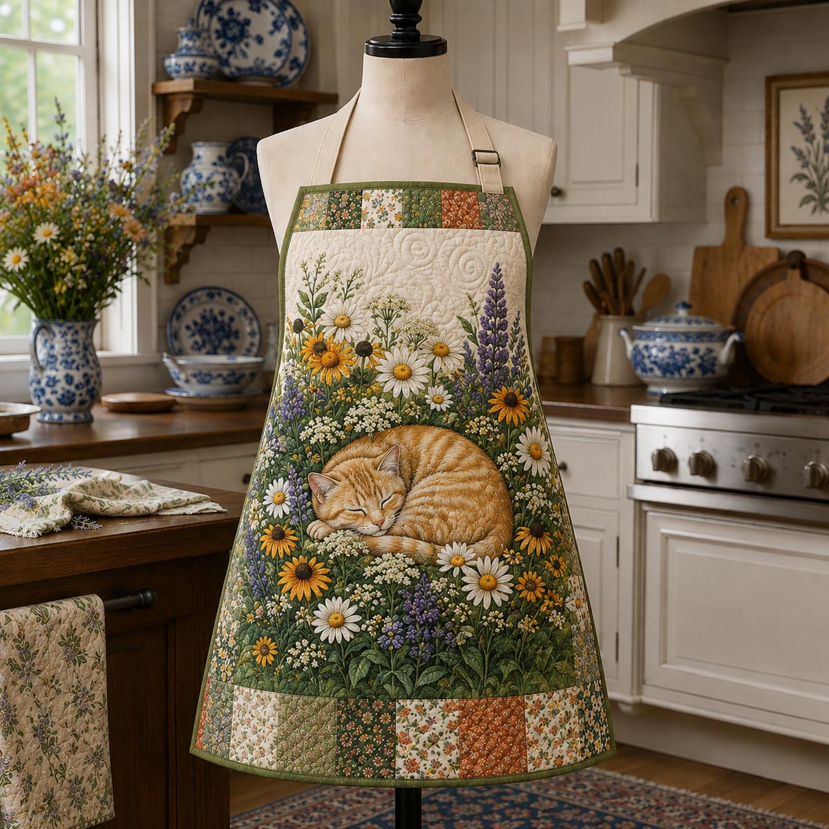 Quilted Kitchen Apron: Sunlit Cats Design