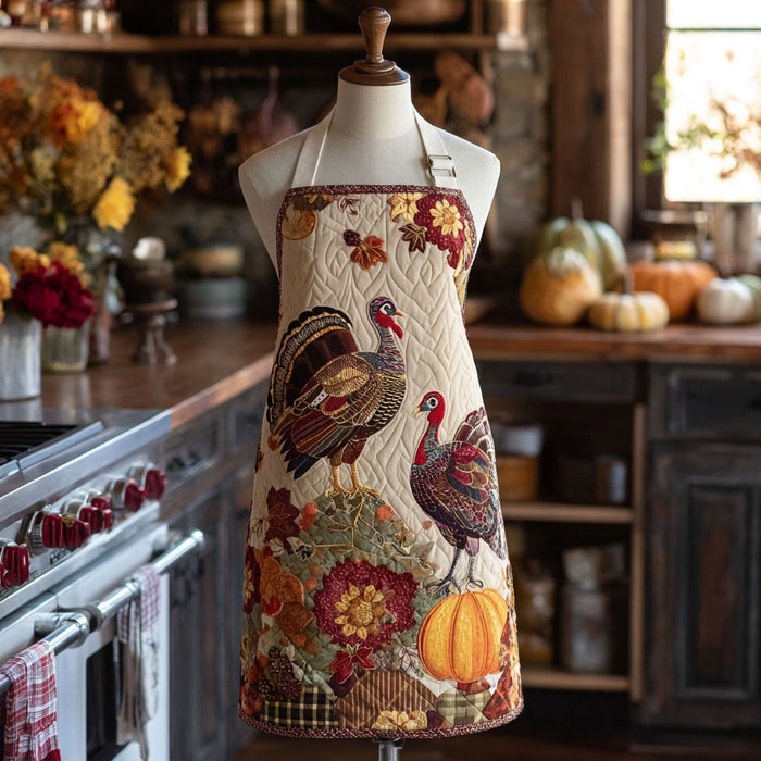 Quilted Kitchen Apron - Thanksgiving Turkey & Pumpkins Design