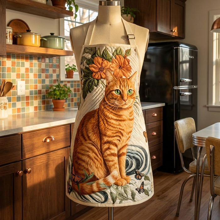 Quilted Kitchen Apron: 'Tiger Cat at Dusk' Design