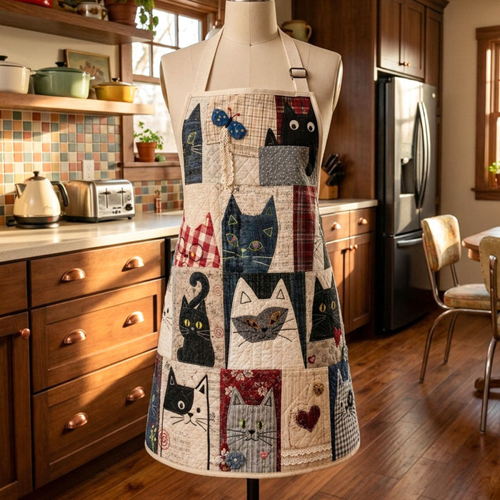 Quilted Kitchen Apron - 'Cats at Home' Design
