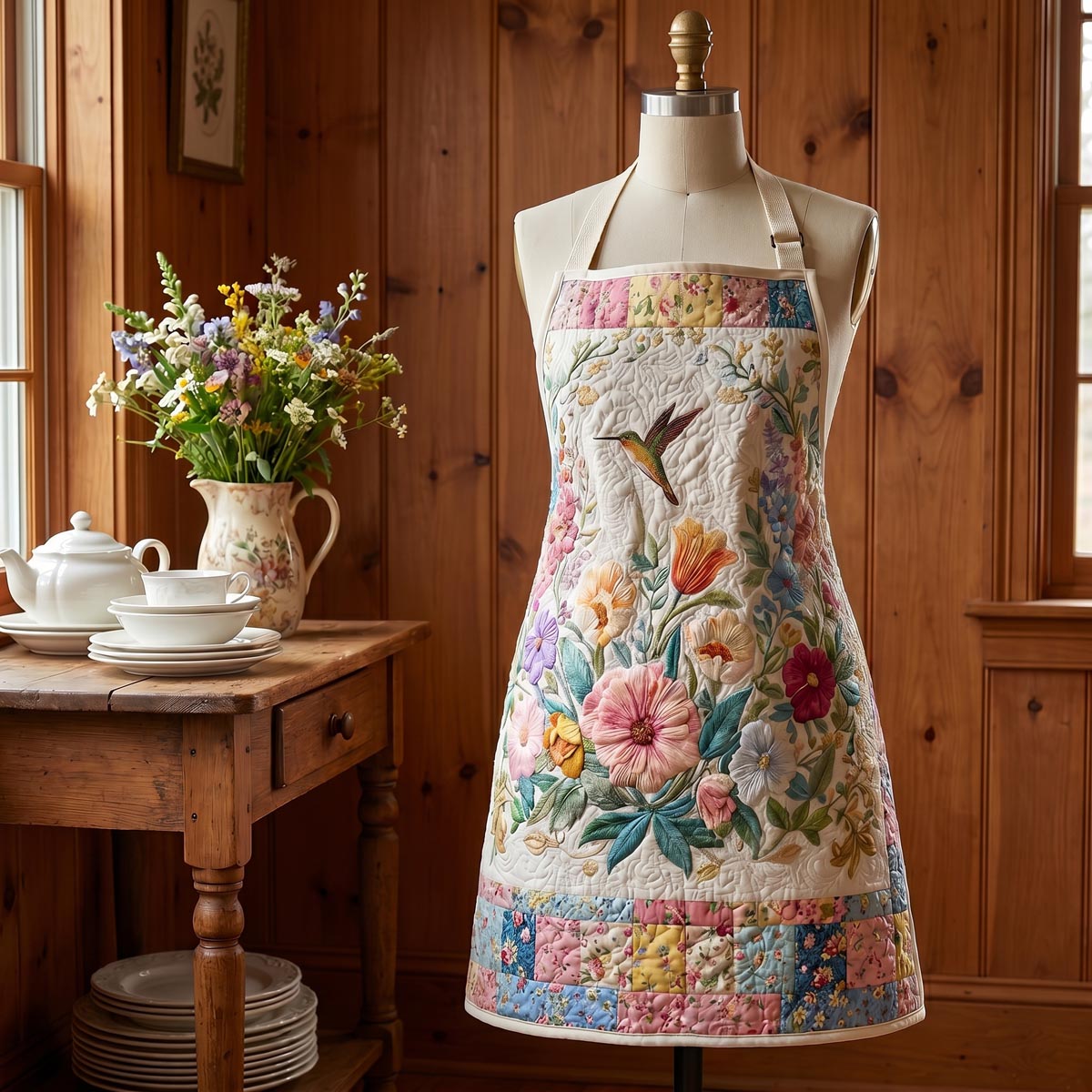 Embroidered Wildflower Quilted Kitchen Apron