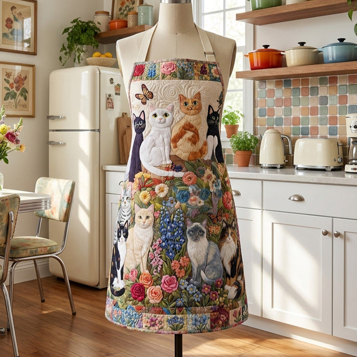 Quilted Kitchen Apron featuring Wildflowers and Cats