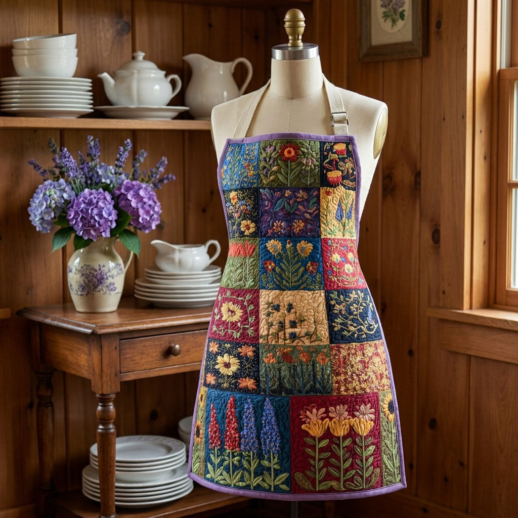 Quilted Kitchen Apron with Elegant Floral Design