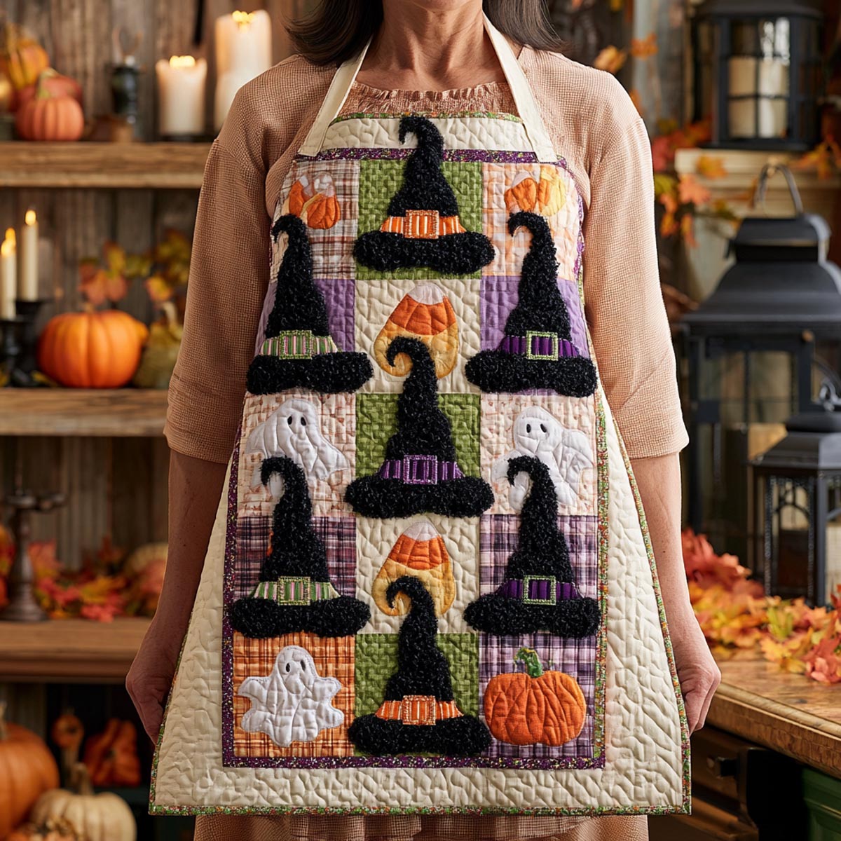 Quilted Kitchen Apron with Adorable Little Ghosts
