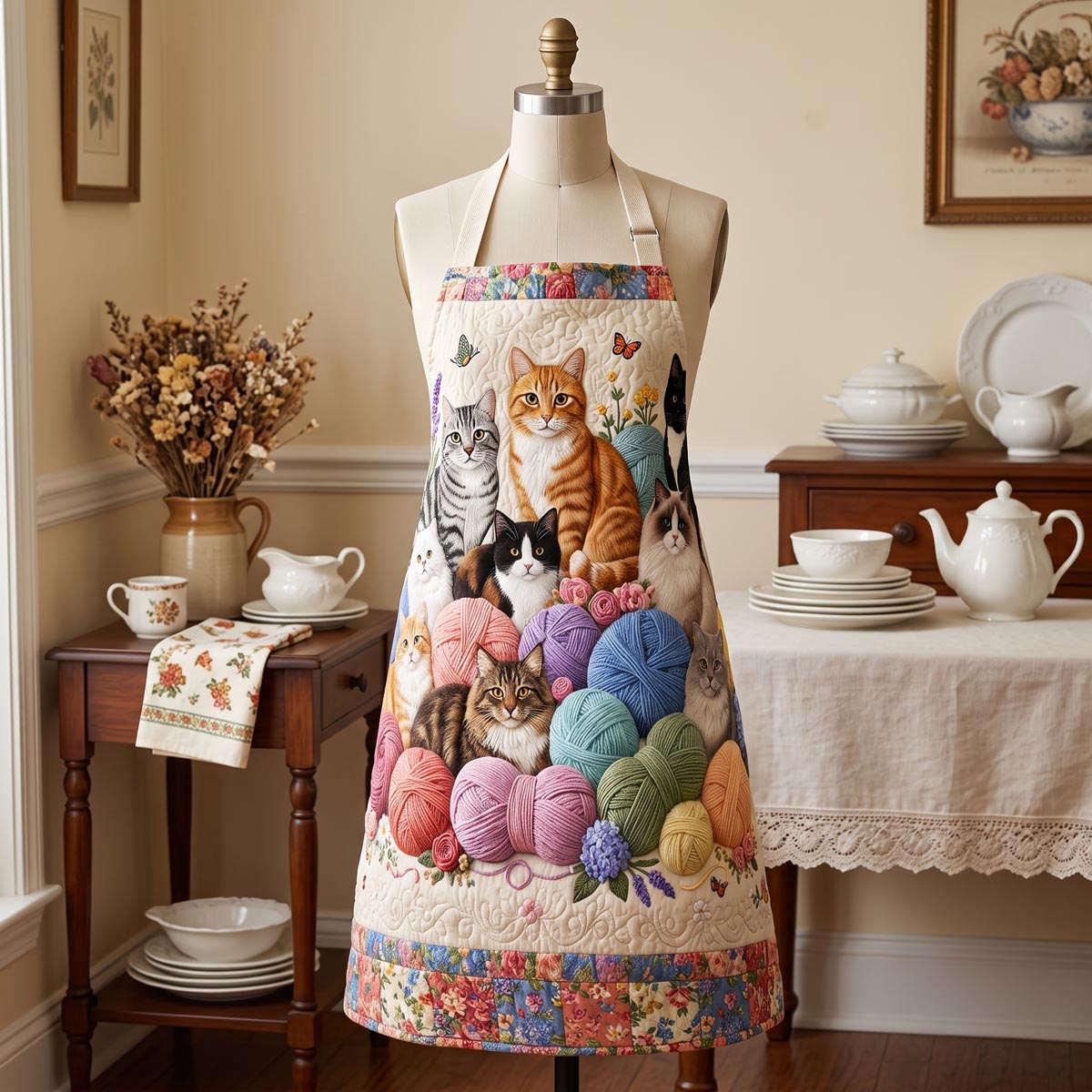 Quilted Kitchen Apron Featuring Fabrics and Cats