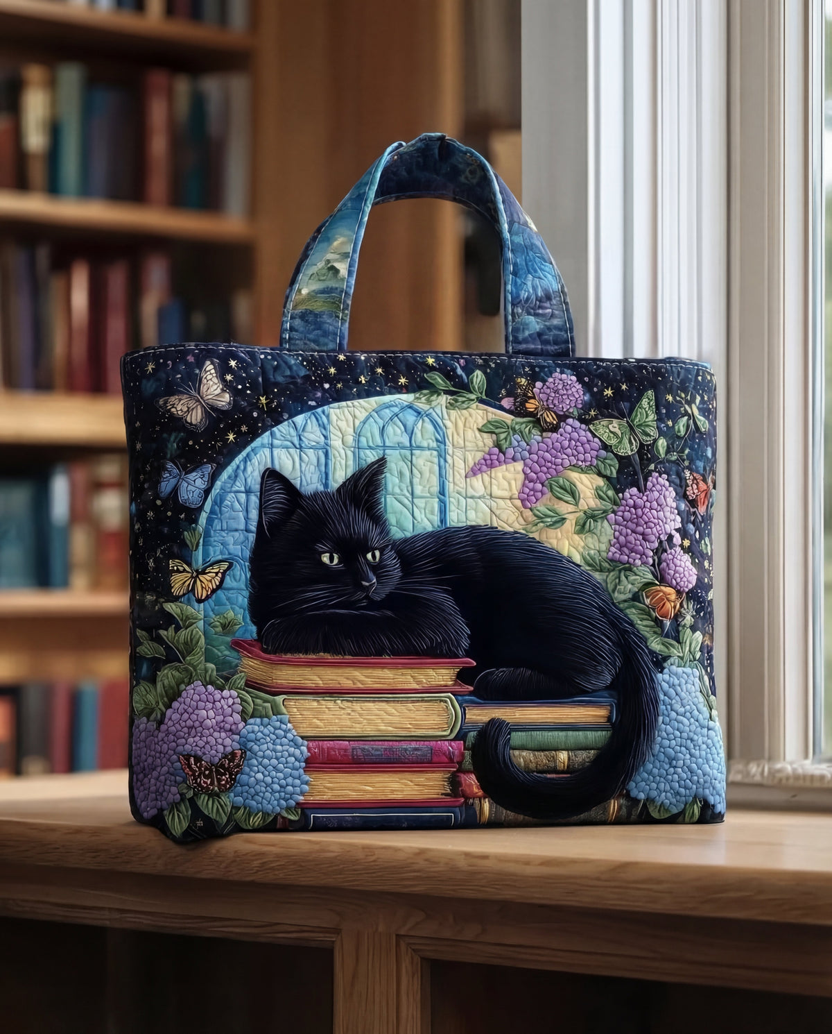 Handmade Bag “Black Cat on Books”