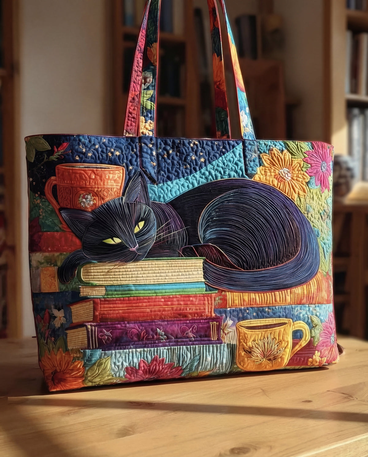 Handmade Bag “Black Cat with Books and Mugs”