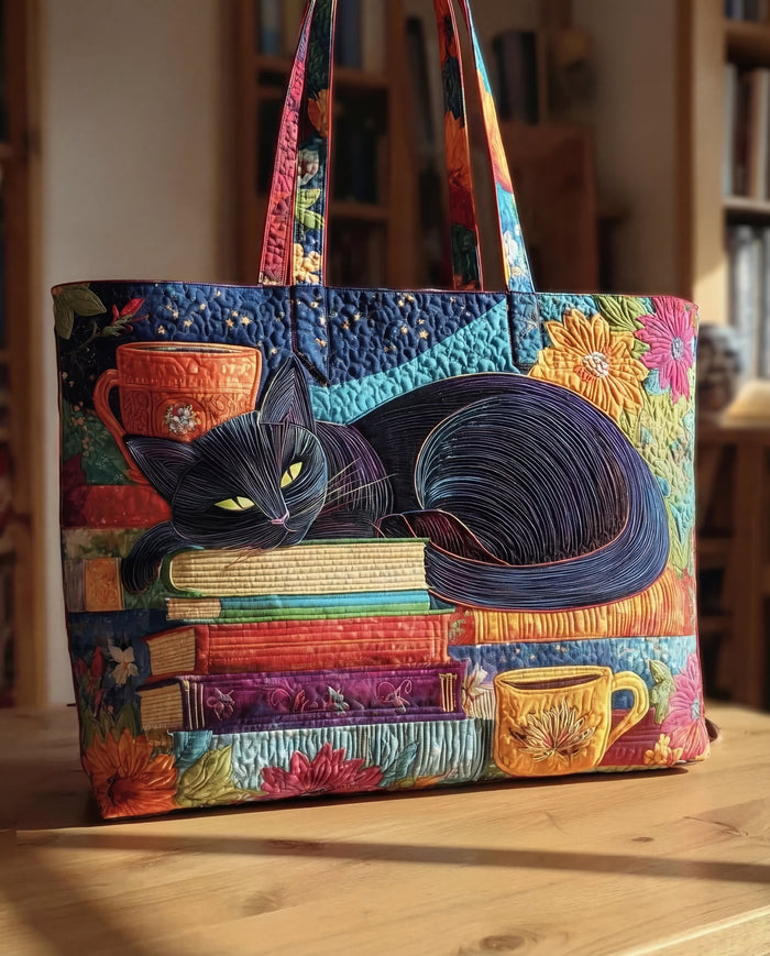 Handmade Bag “Black Cat with Books and Mugs”