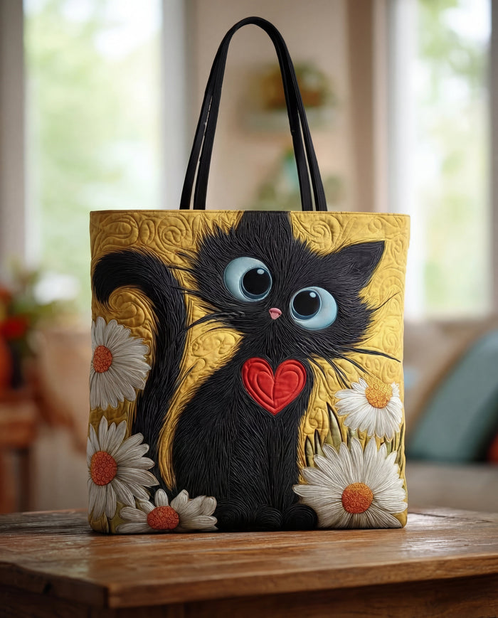 Handmade Bag “Black Cat with Heart and Daisies”