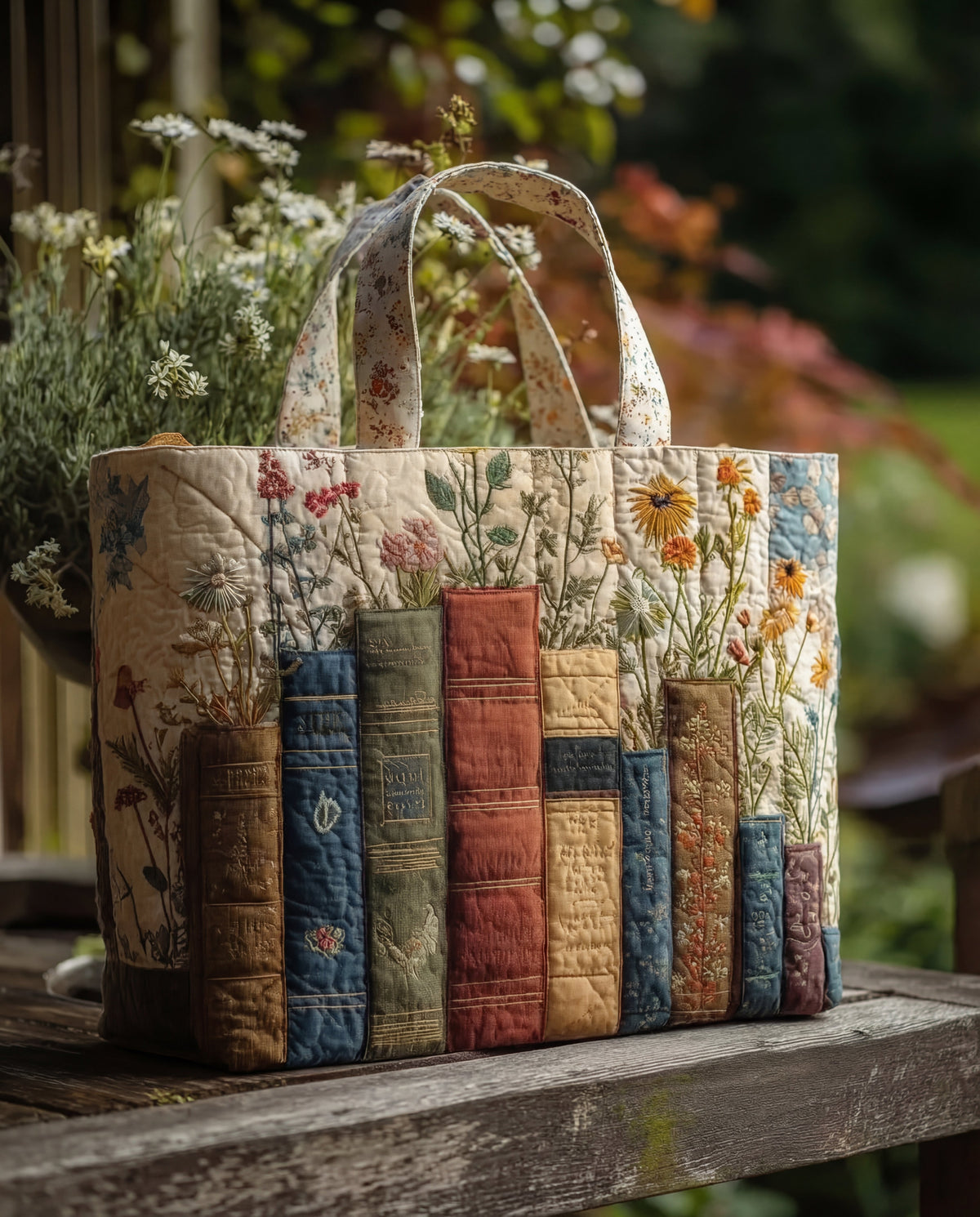Quilted Handmade Bag "Books and Flowers"