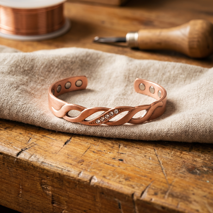 Stone-Embellished Knitted Copper Bracelet